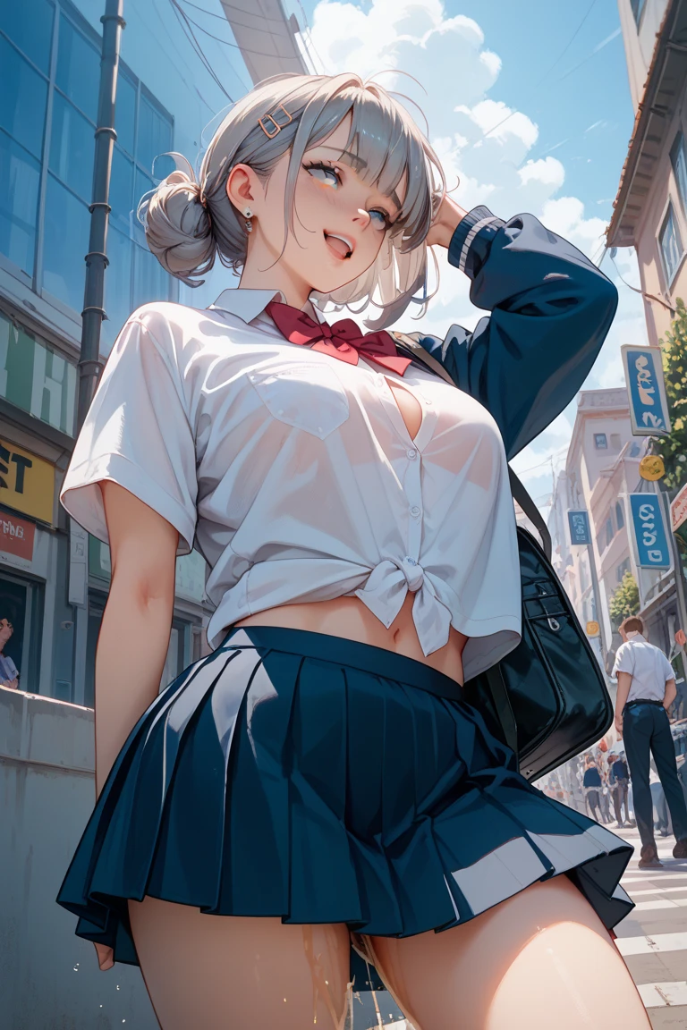 whole body、Big Breasts、(((There is a white cloudy liquid on her face and clothes.)))、Exposing thighs and calves、blouse、uniform