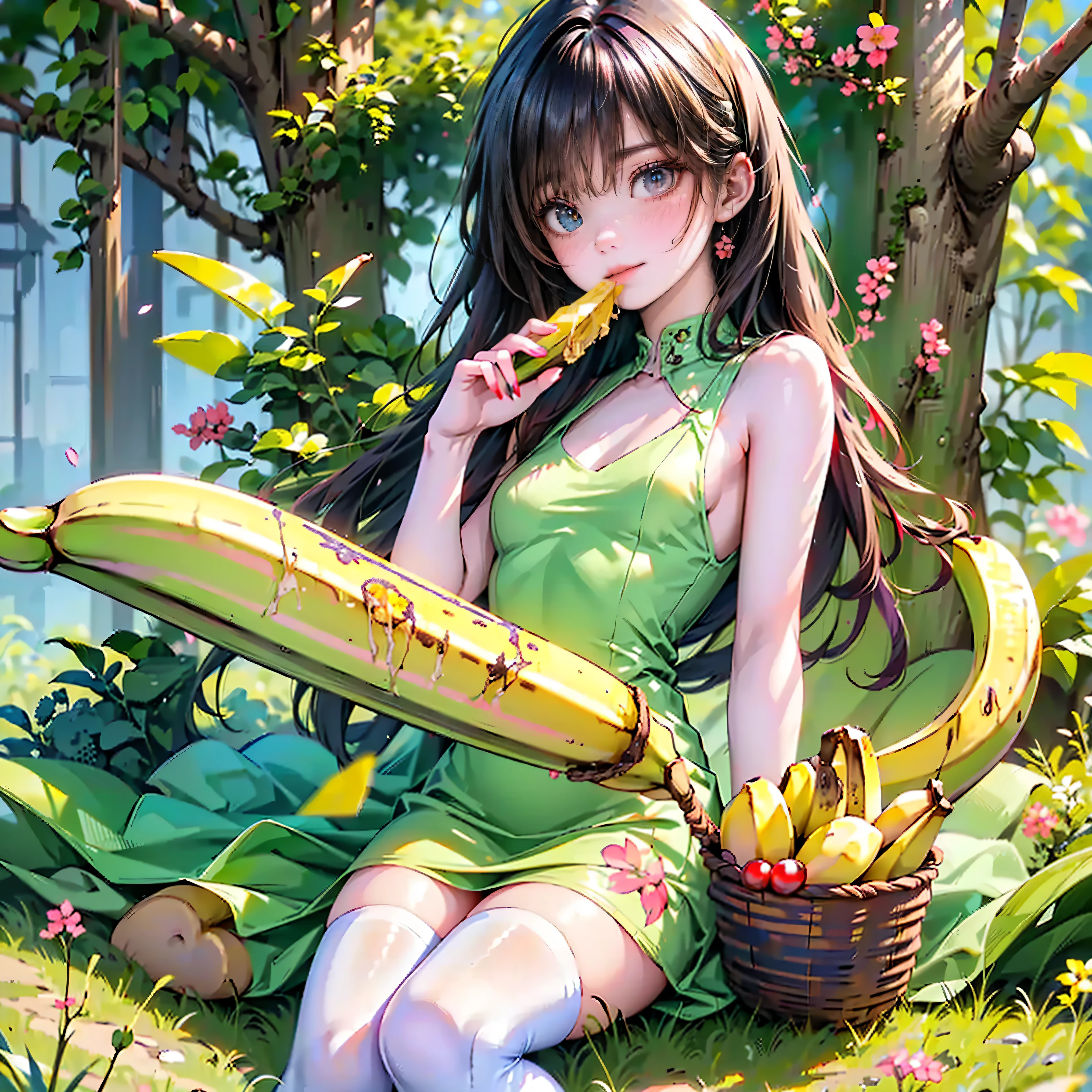 Best quality, 8K, Best quality, Masterpiece, ((Peeled banana)), ((Odd-eyed high school girl)), ((Heterochromia, Red eyes, Blue eyes)), ((Sparkling narrow eyes)), (Very narrow eyes), (Long platinum and purple hair), Princess cut, ((Translucent, shining white skin)), Shiny skin, Very white skin, ((Small breasts)), (Anatomically accurate), ((Detailed depiction down to the fingertips)), ((Holding a peeled banana in her hand and putting the tip of the banana in her mouth ((She is wearing a moss green silk dress with cherry blossoms printed on it)), ((She is eating a banana while relaxing in a grassland full of rape blossoms on a small hill)), knee-high stockings, ((detailed depiction of the banana)), ((She is putting the tip of a peeled banana in her mouth)), ((Bananas in a basket she is holding)), ((An expression of "It's delicious")), smiling face, the rape blossoms are very beautiful, and a gentle breeze is blowing her hair,
