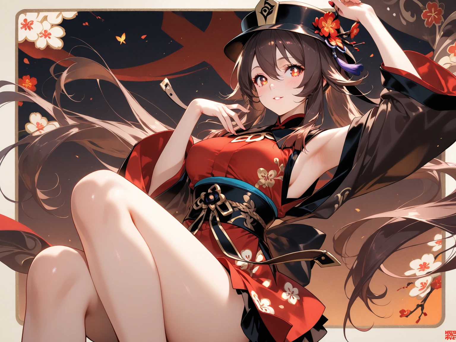 brow hair. Chiori wears a golden-and-black kimono-inspired dress over a grey sleeveless top. A red obi sits around her waist, with bows at the front and a large, flower-shaped knot tied at the back. Her Geo vision is worn like an obidome on a purple obijime. A three-petaled flower design is common on her attire and many of her accessories, including her stud earrings. She wears elbow-length dark gloves and dark stockings. Her dark brown hair is styled into an ornate flower-shaped bun with a curled side ponytail, held together by kanzashi hairpins, a bow, and as well as Japanese thread scissors. She wears black cantilevered heels with red straps and black ankle straps adorned with a bow.  SPARKLE; GLITTER