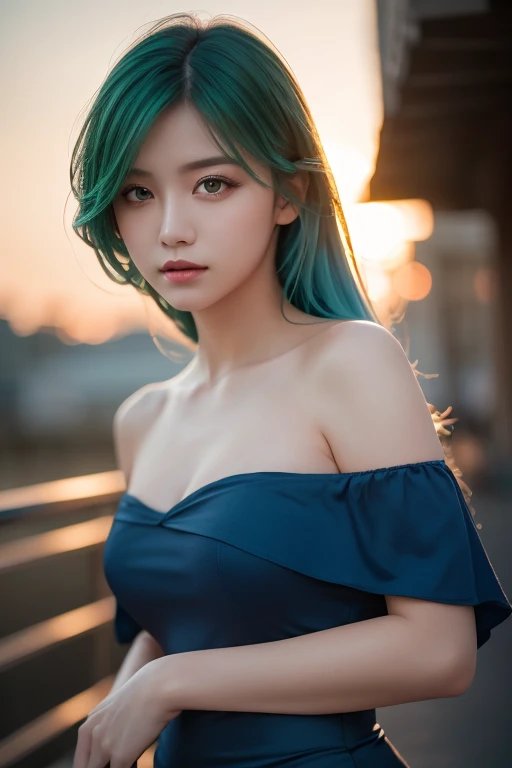 Best Quality, Masterpiece, Ultra High Resolution, (Realism: 1.4), Original Photo, 1Girl, Green Eyes, Off-the-Shoulders, Cinematic Lighting, Blue Hair, At Sunset