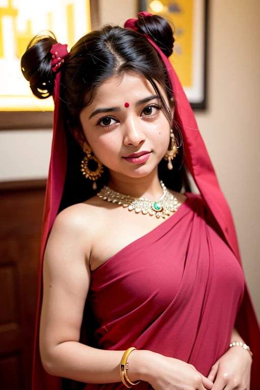 An Indian goddess who is seated on a lotus seat who is seven years old wearing a crescent moon on her head who is wearing beautiful ornaments who is wearing pink clothes who is holding a beautiful flower in her hand and is giving a boon with her other hand.