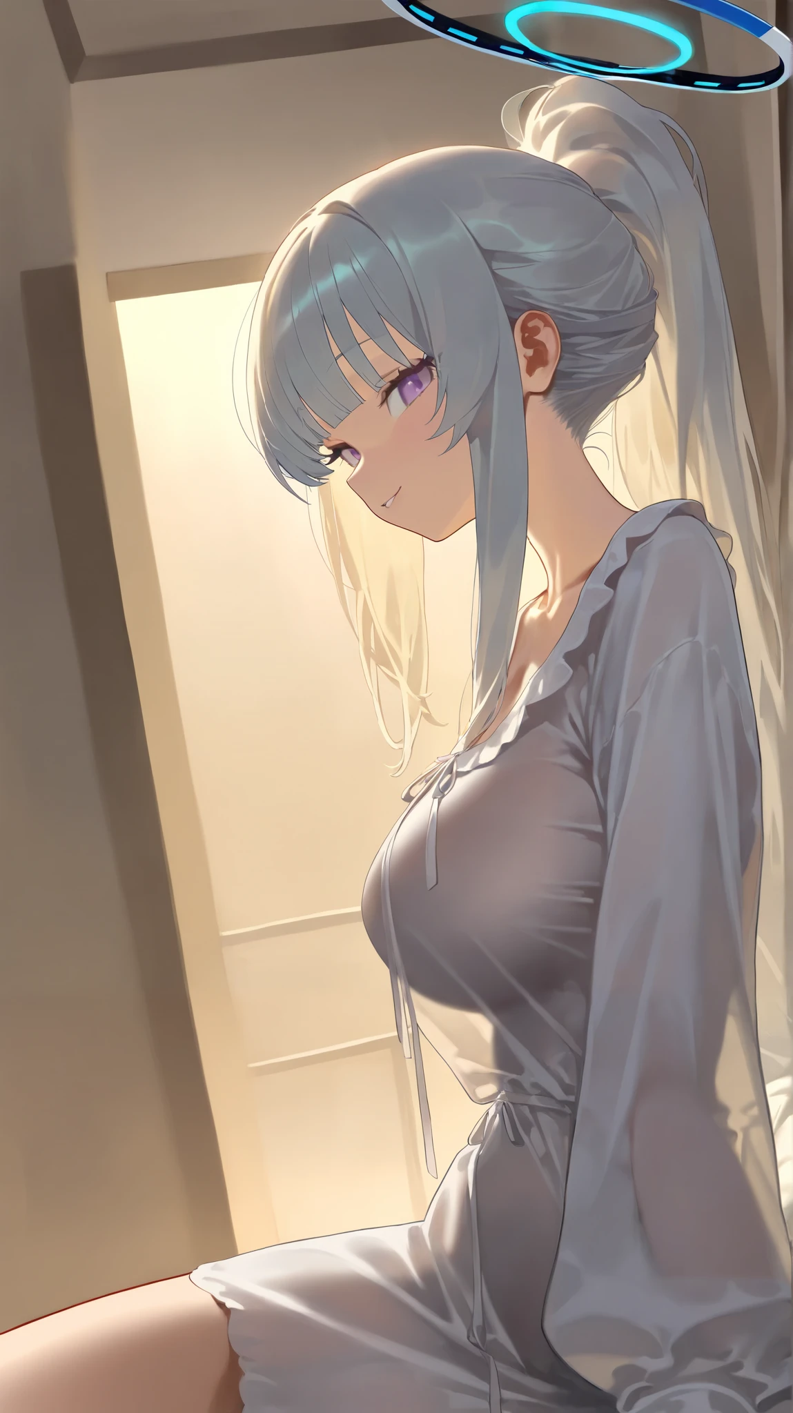 1girl,noa \(pajamas\),purple eyes,halo,white hair,white dress,ponytail,
year_2023,foreshortening,highres,high definition,absurdres,amazing quality,best quality,masterpiece,very aesthetic,masterpiece,simple background,
indoors,cowboy_shot,see-through clothes,looking at viewer,close-up,macro_shot,seductive_smile,naughty_face,,(),love hotel,dark,lambent light,sitting on bed,cinematic_angle,from_side,