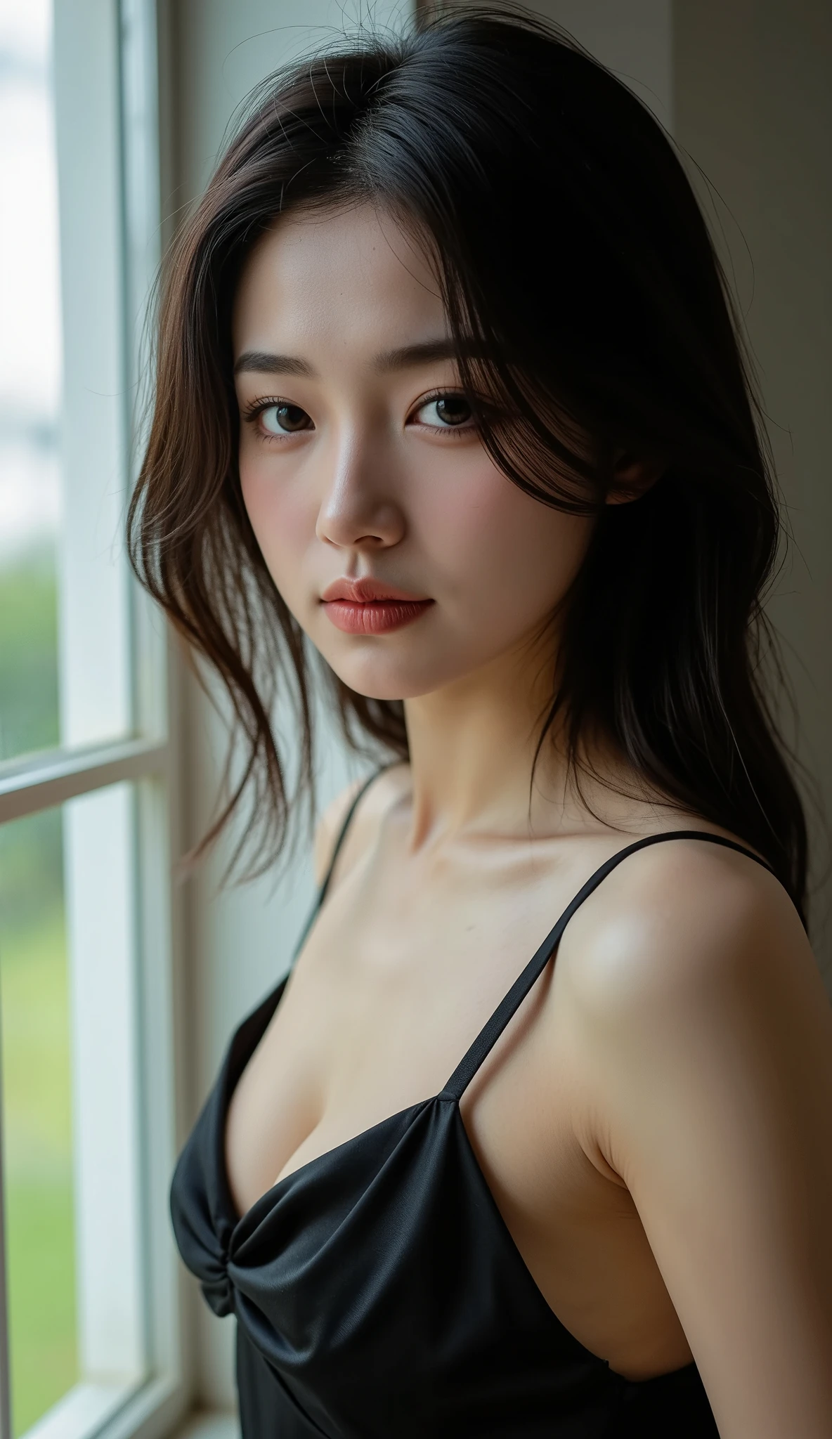 Beautiful 15 year old Japanese woman。 she is wearing a black sleeveless blouse. She looks ecstatic as if she had an orgasm during fuck on the bed。her dark brown hair. High resolution、masterpiece、highest quality、頭w:1.0、((Hasselblad Photos))、fine skin、(movie lighting)、clavicle . full body picture.