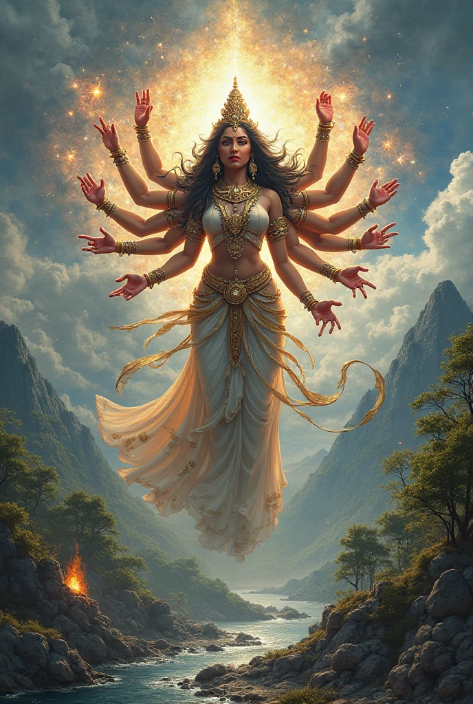 Goddess ganga with four arms and goddess durga with ten arma standing a divine beauty in them, draw perfectly