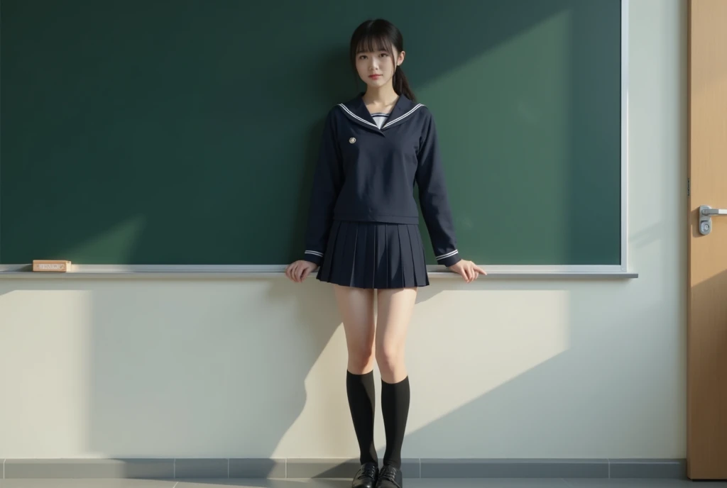 maior, slim figure, femele, (((White short-sleeved sailor suit))), (((Pleated skirt with dark blue check))), A smile, bangss, a junior high school student, ‎Classroom,realskin, poneyTail, , , ,