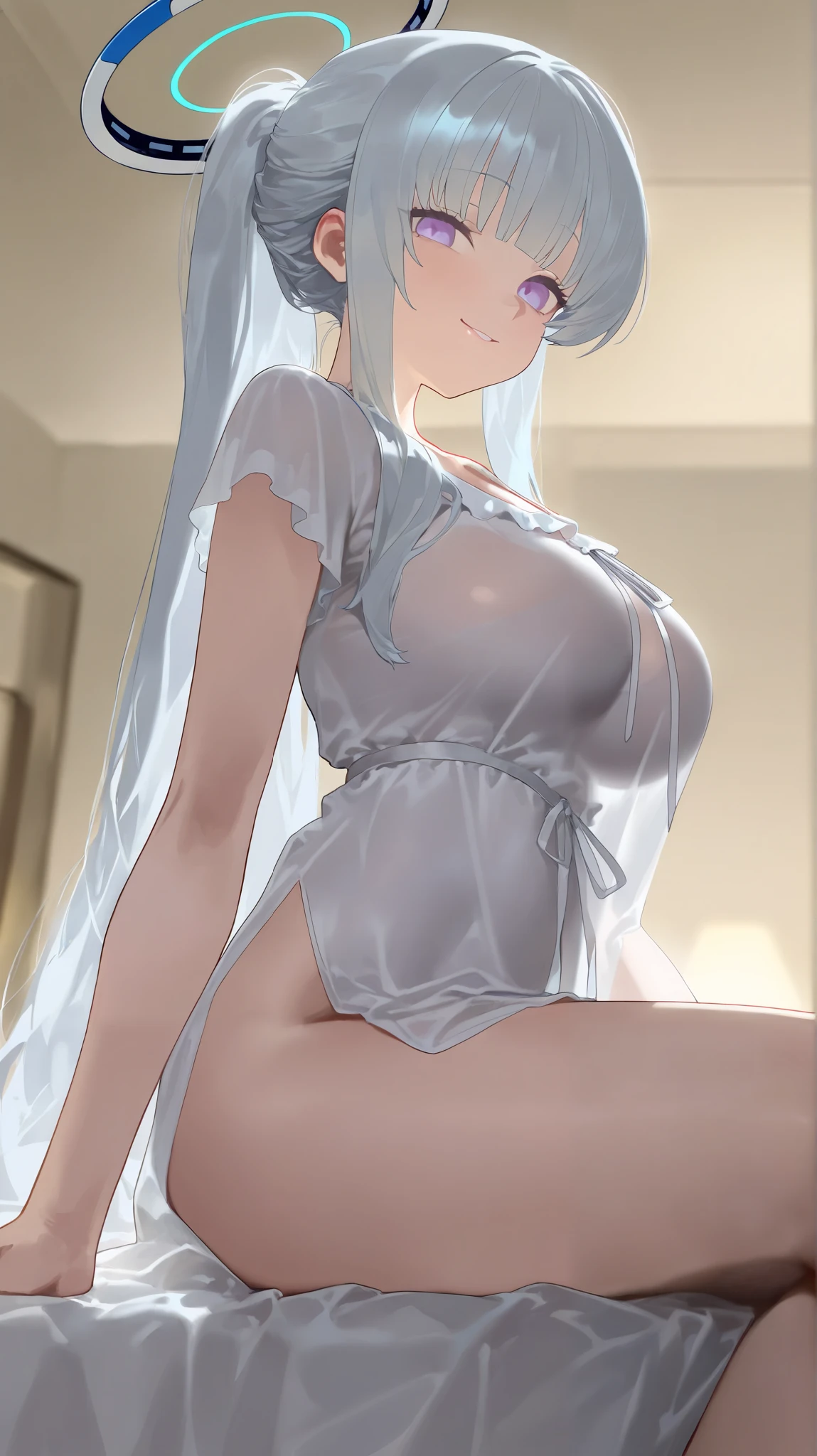big breasts:1.5、、highest quality、very detailed、Very realistic eye masterpiece、highest quality、very detailed、gray hair、perfect face、long hair、white dress、sundress、anime、countryside、clear、thin、NSFW、from below、frills、FUTANARI、man's daughter、penis、横from below、小さいpenis、Glans