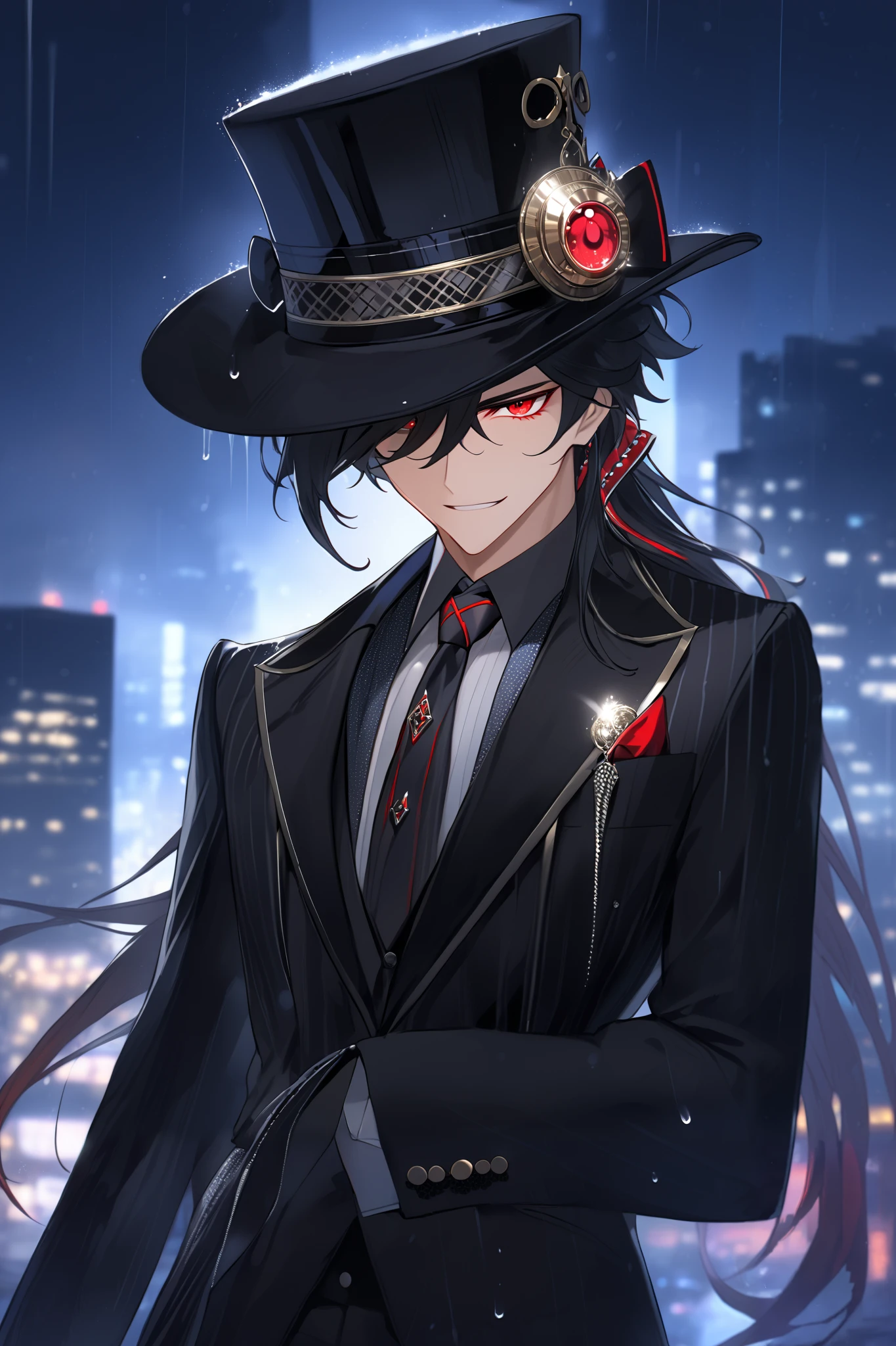 (black_hair), (red_crimson_eyes), (detailed_eyes), (Emotionless), (top_hat), (crazy_attractive), (night_city_background), (raining), (glowing_eyes), (male), (wearing _a_black_suit), (long_male_hair), (detailed_Hair), (detailed_tophat), (detailed_mouth), (hand_grabbing_hat), (detailed_hands)