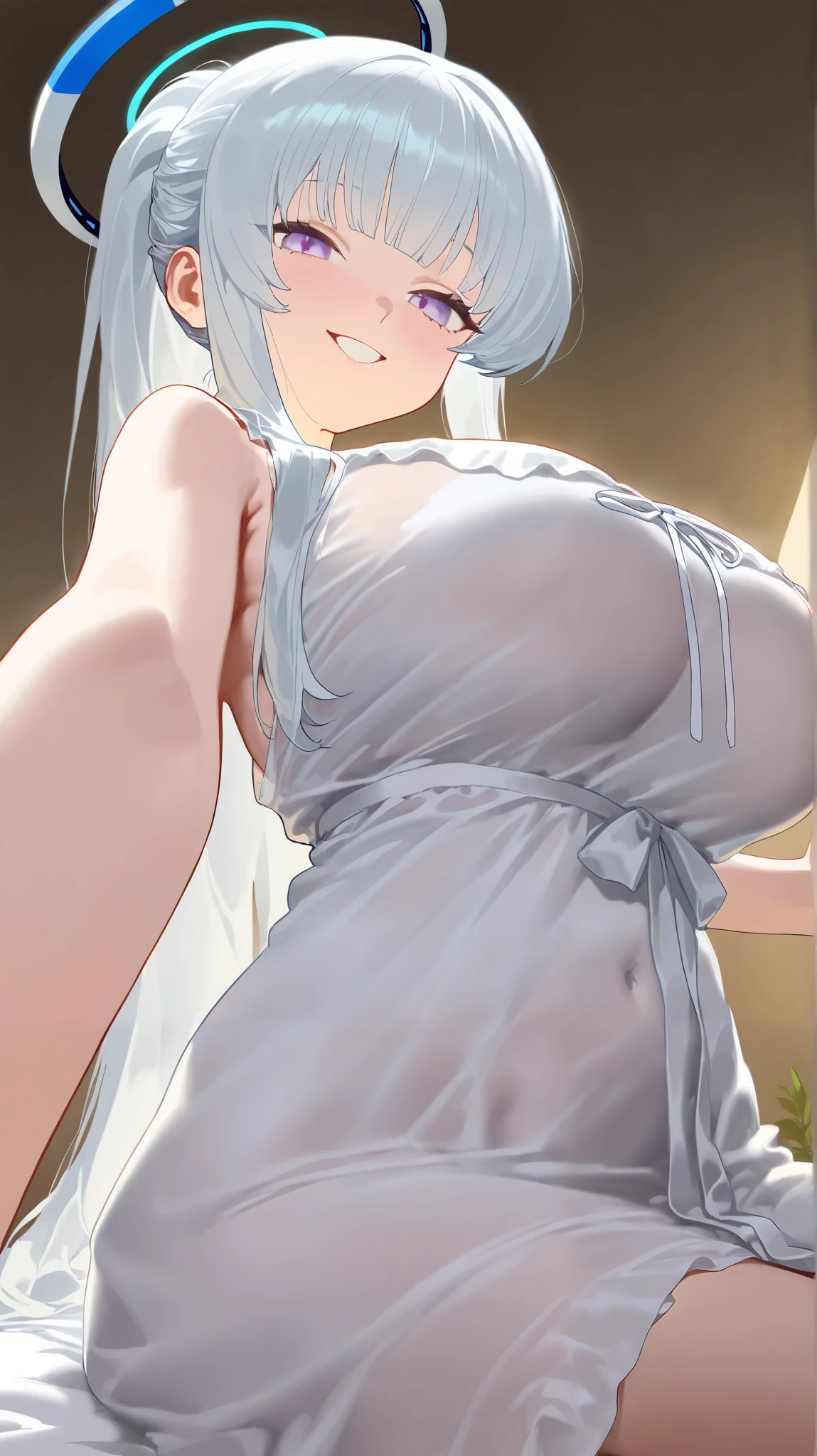 big breasts:1.5、、highest quality、very detailed、Very realistic eye masterpiece、highest quality、very detailed、gray hair、perfect face、long hair、white dress、sundress、anime、countryside、clear、thin、NSFW、from below、frills、FUTANARI、man's daughter、penis、横from below、小さいpenis、Glans
