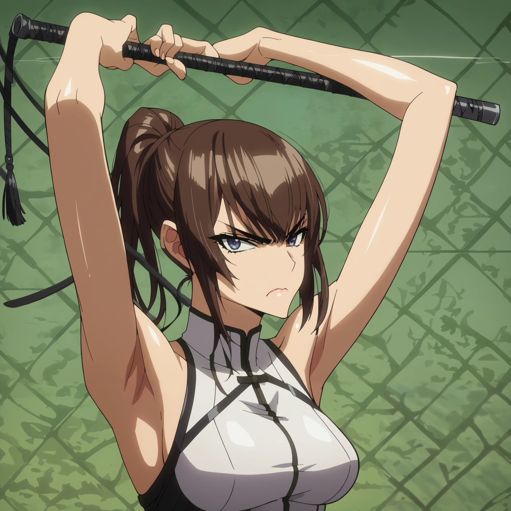 score_9, score_8_up, score_7_up,anime_source, source_anime, best background, detailed background, anime screencap, 4k, upscaled, Saeko Busujima, main outfit, solo, looking at viewer, weapon, armpits, arms up, whip, whip sword, tsundere, angry,