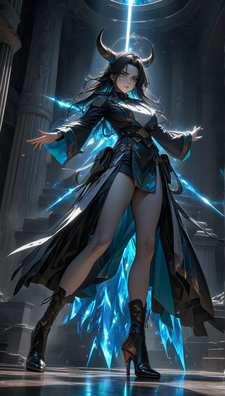 4k), (best quality), (best details) full body shot from behind of female mage in hyper detailed style in a dramatic posr, complex art noveau backgraound, dramatic lighting, lightning effects
