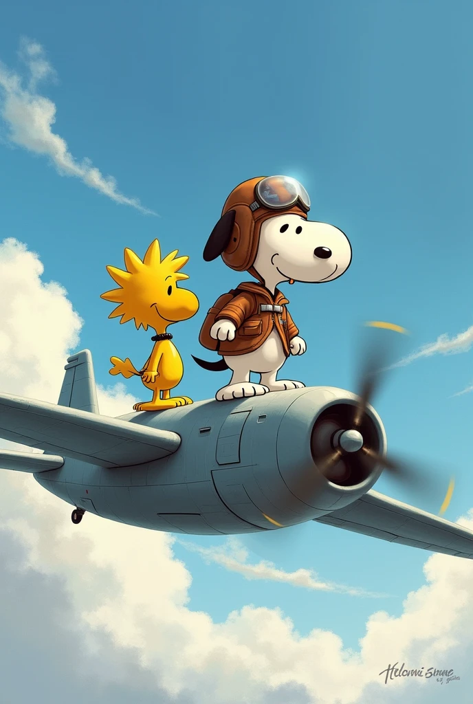 Snoopy and his friend the yellow bird on the moon
