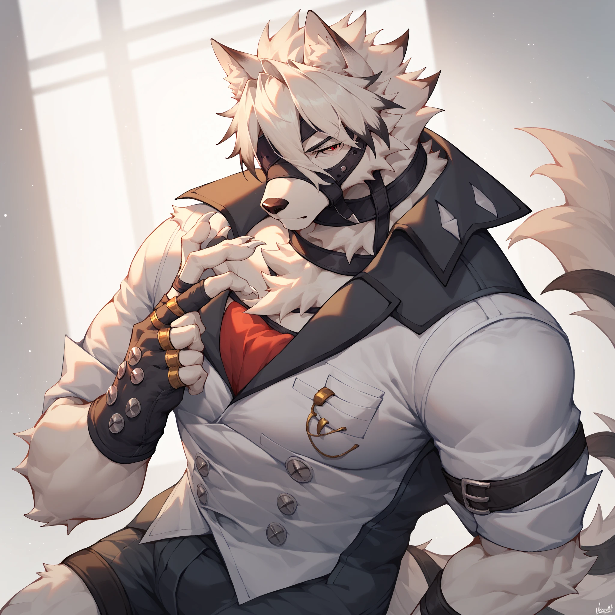 "There is a furry werewolf and a bunch of evil people,The werewolf's chest hair fluttered,There is gray fur,and long white hair,The ends of the hair are purple,Purple pupils,Grievances and cute expressions,Handsome,Big tail wagging,Wearing war-wounded armor,He was a samurai,He was attacked by wicked men while on duty,He was tied up by the wicked,But the wicked did not hurt him,On the contrary, Samurai were stripped naked,He was raped,The wicked man holds in his hands his already erect reproductive organs,Let him ,Many wicked men took turns raping him,The expression on the face is so sexy,Evil in uniform,Dressed in black,The samurai's mouth kept sucking on his genitals。"