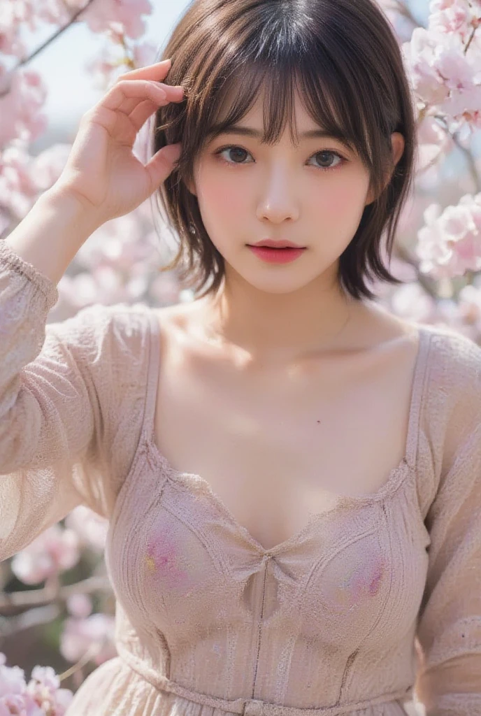 (masterpiece:1.2, Highest quality), (Realistic, photoRealistic:1.4), Ultimate beauty、mature、(Beautiful Features、Detailed lips, Beautiful eyes with attention to detail)、(Beautiful Teeth), blush, Captivating Gaze、masterpiece,(Highest quality,Hyper Detail)、 Natural Makeup,Looking at the camera、Looking up、alone,Cute woman in her 20edium breast、Short Bob Hair、(Bangs too)、Mysterious Beauty, Perching on the clouds, (Fantasy Illustration:1.3), Captivating Gaze, Seductive posture, The charm of another world, Mystical Sky, (Written by Luis Royo:1.2), (Yoshitaka Amano:1.1), ((moon 夜)), pastel colour, (Cloud Detail View:1.3), Outdoor、palace、 (Detailed catsuit、Gingham check pleated mini skirt、Lace frilly panties、Black Choker、Earrings、(topless:1.6)), Side Lock, (Midnight background, full moon、Fantasy、cherry blossoms、petal)、(ejaculation、Semen is on it:1.6)、(Bust up shot:1.2)、(Shot from above)、(I'm worried、Open your mouth:1.2)、(Wave your hand:1.3)