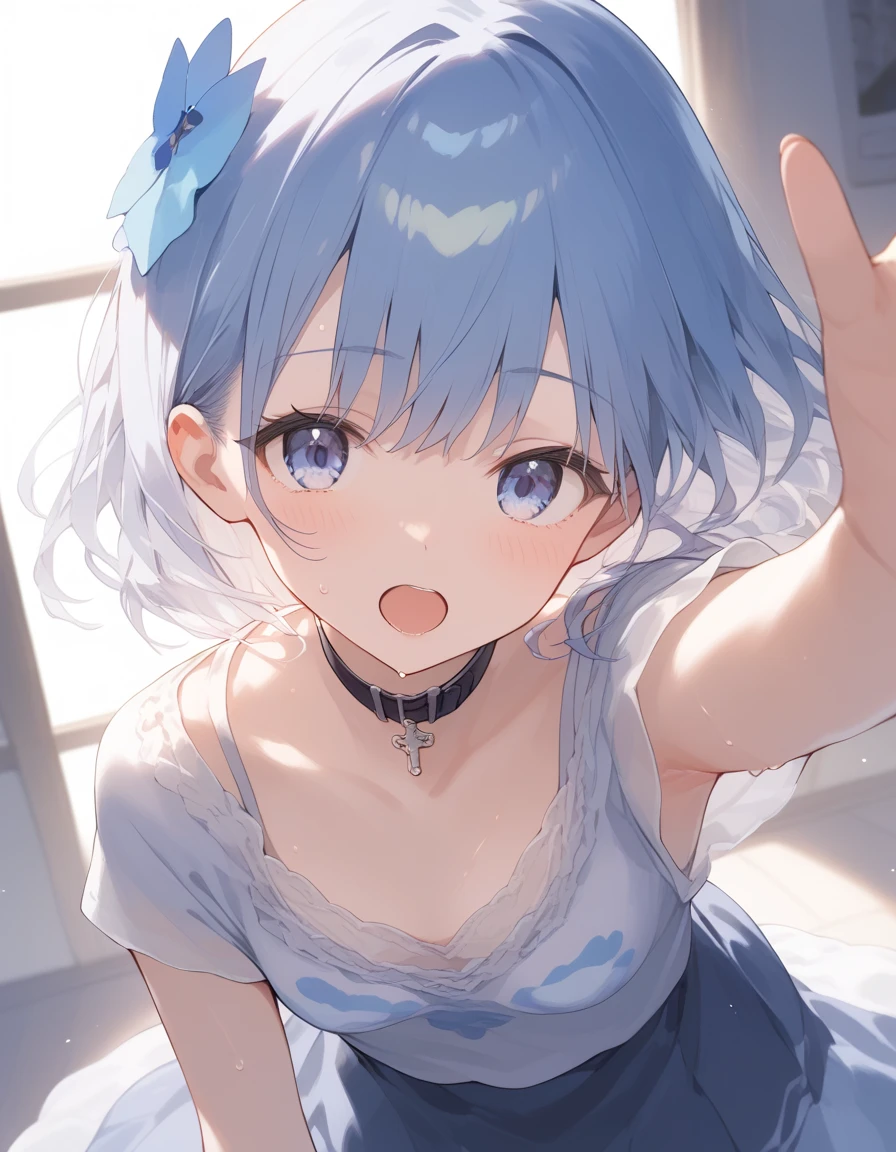 best quality, amazing quality, very aesthetic, absurdres, 1girl,arona (blue archive), blue archive, blue eyes, (artist official art:1.5), (realistic face:0.65), blush, breasts_apart, (loop writing:1.5), small breasts, orange color light, collarbone, commentary_request, cowboy_shot, downblouse, dress_shirt, green_skirt, hair_intakes, hanging_breasts, highres, lab_coat, leaning_forward, long_sleeves, looking_at_viewer, open_coat, open_mouth, sleeves_past_wrists, solo, white_background, white_shirt, nsfw, concept art, expressive eyes, perfect face, 4k, extremely detailed anime illustration, extremely detailed eyes, enhanced details, perfect anatomy, light rays, photo background, extremely delicate body, smooth skin, feminine expression, black background, cristal clear eyes, beautiful face