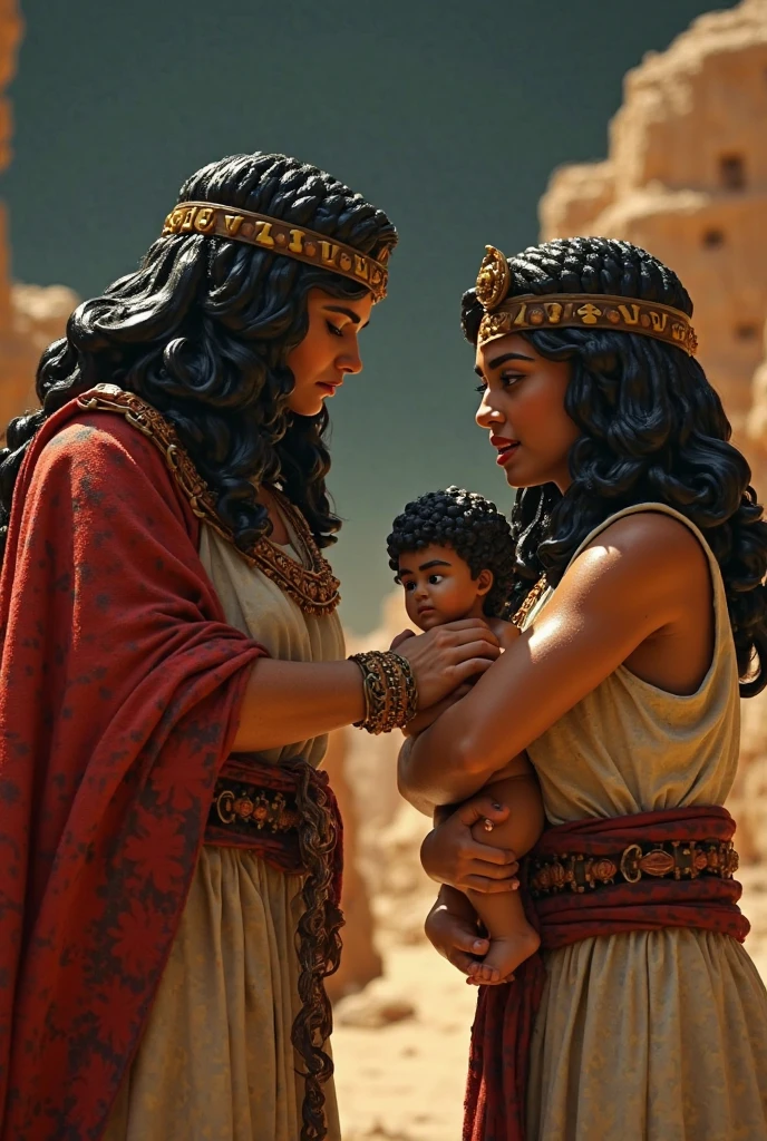 Illustrate the moment when the two anguished women take the baby to King Solomon, Both claiming to be the real mother. imagem perfeita