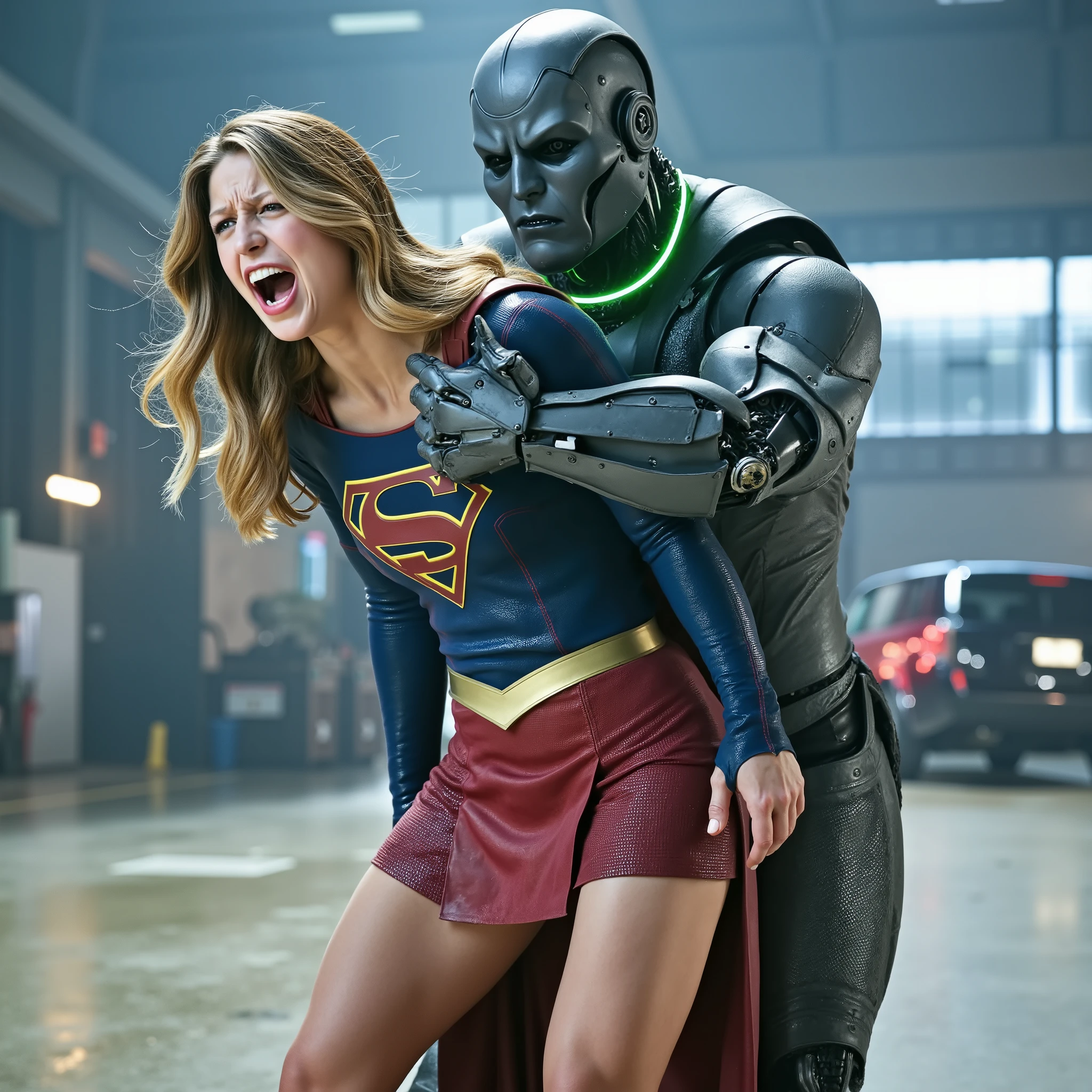 Melissa Benoist as Supergirl, (a very short skirt), fighting with an enemy, she is sexual assaulted from behind by Lex Luther the robot, she bend down, a green lighting collar on her neck, painful face, (Supergirl is screaming in pain), Lex Luther is a strong big robot, he is hugging her tightly from behind, he pull her skirt up and push his penis into her skirt, whole body from head to feet are visible, in the factory, night time, bright spot lighting,