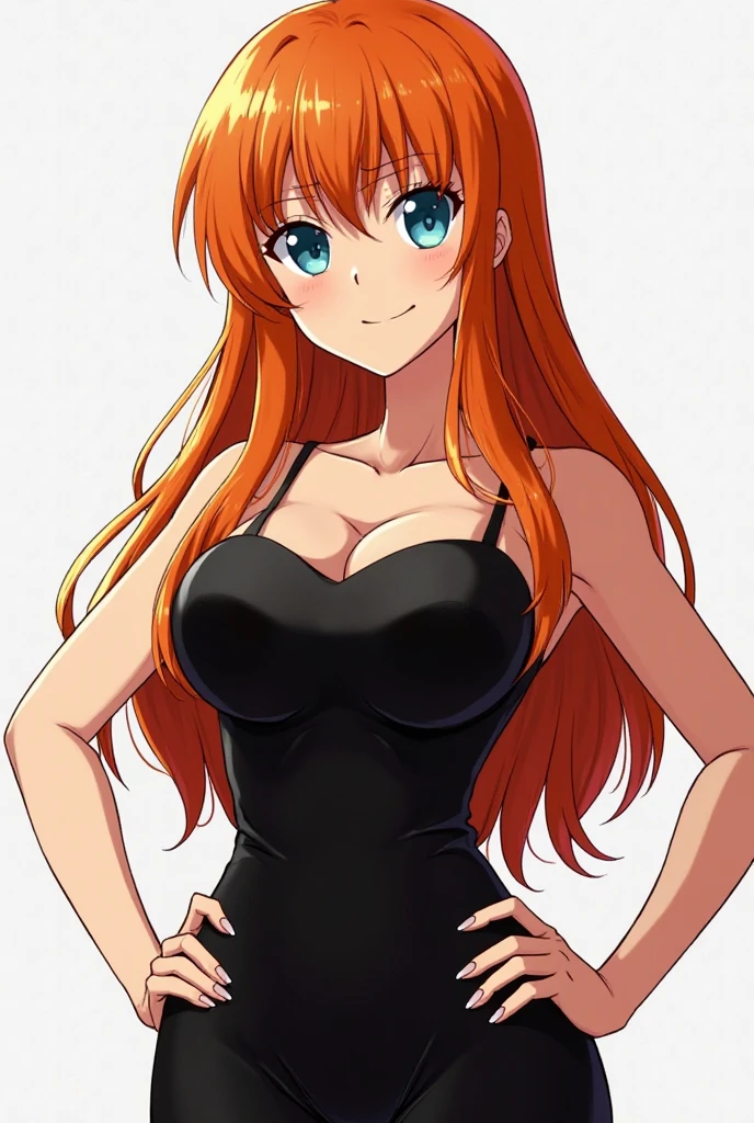 (anime art style) we (one piece), has long orange hair, brown eyes, bare chest,female naked genitals,Bare between the legs, (Wano Arc) blushing, smile.