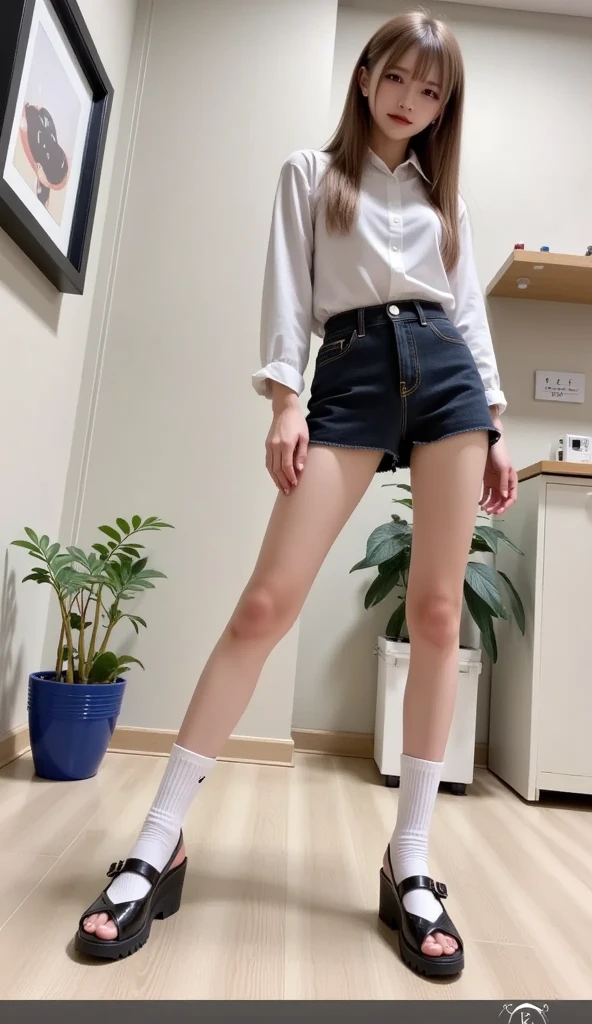 A Japanese Lady、beauitful face、二重まぶた、Big eyes、Long Black Hair、posterior view、Long-sleeved shirt、Micro shorts、beauty legs、Raw feet、pin heels、tall、super long legs、model poses、Sexy legs、