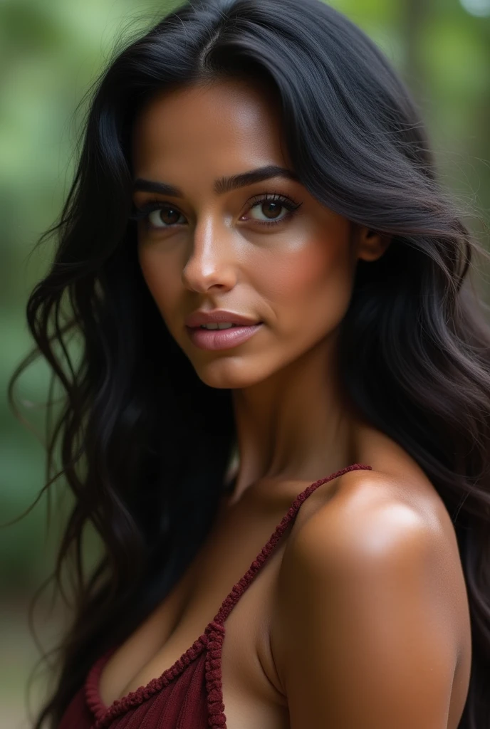 BRAZILIAN woman,  ((of the highest quality, 8k, RAW Photos, masterpiece :1.3)), (realist, realist:1.37), Very detailed, ultra high resolution, (Professional lighting), ((from above:1.2)),((Full body photo)), small breasts, perfect face, Beautiful expression, beautiful face, pretty eyes, 1 high school girl, beautiful girl, beautiful black hair, Natural lighting, (direct light:0.4), 8mm film grain, photographed on a Sony a9 II, 24mm lens, f/2.8 aperture, Deep focus,