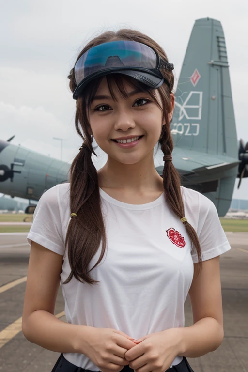 1girl, ryuujou (kancolle), solo, brown hair, twintails, brown eyes, visor cap, magatama, open mouth, aircraft, smile, airplane, white background, japanese clothes, simple background, kariginu, upper body, long hair