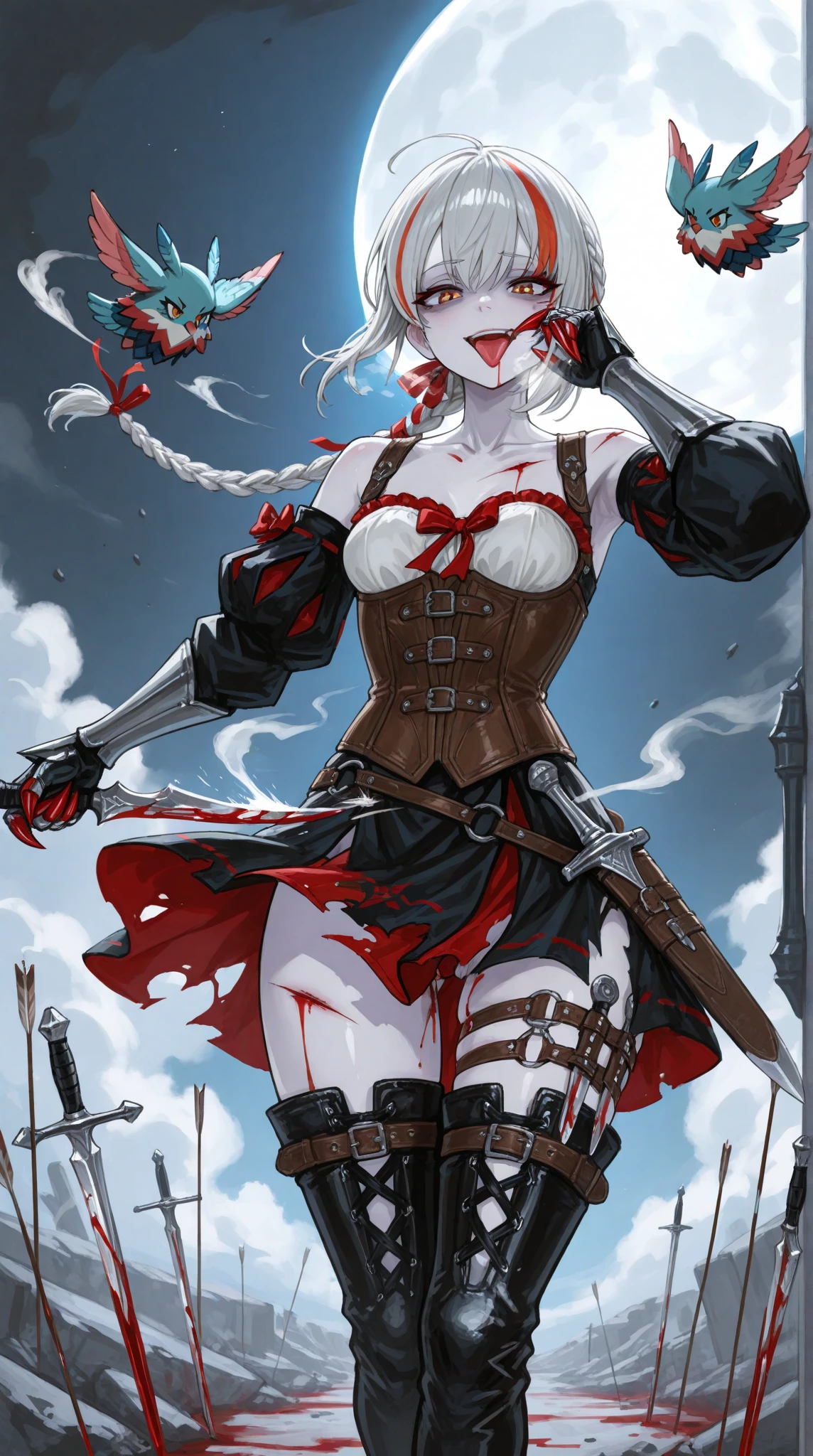 Surprisingly beautiful, an incredibly beautiful white female kitsune walked towards the camera, slim, toned, very muscular, chubby, her outfit tattered after the battle, her short white skirt flying, revealing her body , holding a giant sledgehammer on his shoulder, long wild silver hair, glowing yellow eyes, fierce angry expression, somewhat cruel evil smile, blood splashing, aura red with rage