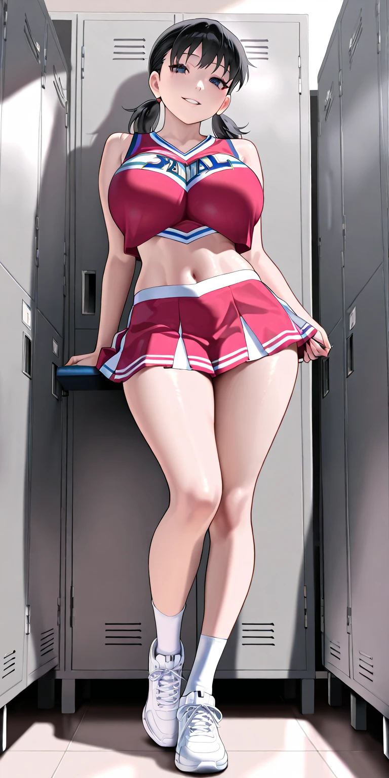 Alison Brie as Annie Edison from Community, (18 year old Alison Brie:1.3), whole body view, short tight pencil skirt, tight cardigan with deep cleavage, flat shoes, dark brown hair, deep blue eyes, pale white skin, bare thighs, viewed from behind and slightly below, (lifting her skirt to show crimson red thong:1.6), (wedgie)