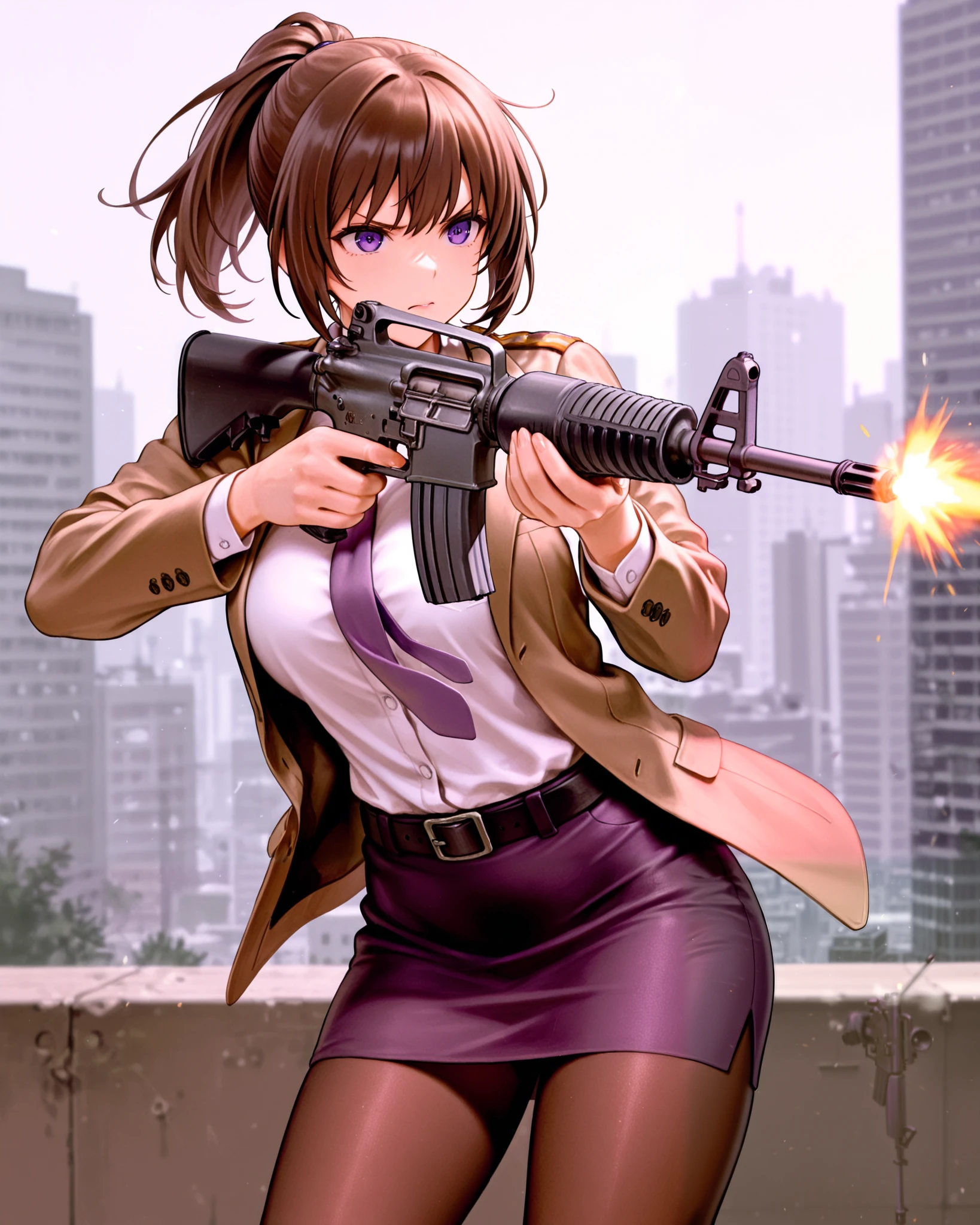 masterpiece, best quality, highres, 1girl, (aiming and firing rifle, finger on trigger, gun, c-m16m m16a2, holding, weapon, holding gun, holding weapon), brown hair, short hair, ponytail, open suit jacket, white shirt, miniskirt, pantyhose, purple pencil skirt, solo, purple eyes, dynamic action stance, grim expression, city backdrop, brown ankle boots, brown jacket, purple necktie, belt, cowboy shot, fix hands