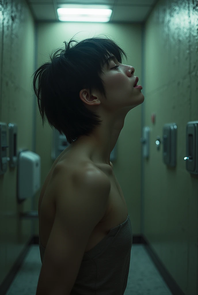 David fincher lighting style realistic, Thailand ladyboy penis cock dick, half asian, near future, black curly hair, short curly angled bob haircut, straight hair bangs,the hair has blue hair streaks and pink hair streaks, flat chested , black thigh high socks, background, city apartment, sexy, pretty skin, fully naked shemale, small tits, shes transsexual, sexy, ladyboy penis, cock, dick , she cock, sex pot, sissy, gay ladyboy penis, femboy body, penis, BDSM , porn, pornography, a big large man, is on top of her naked, the man is fat, 4, naked, motel room,