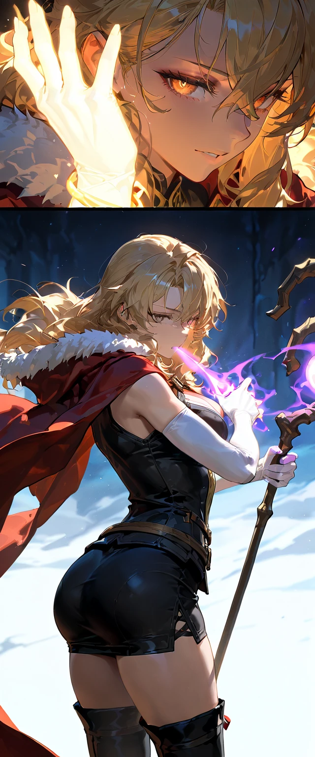 (hews art style:0.7), (hero neisan art style:0.7), score_9, score_8_up, score_7_up, score_6_up, uncensored, angelica, blonde hair, braid, red eyes, BREAK glow effects, godrays, Hand drawn, render, 8k, octane render, cinema 4d, blender, dark, atmospheric 4k ultra detailed, cinematic, Sharp focus, big depth of field, Masterpiece, colors, 4k, concept art, trending on artstation, Vivid colors, extremely detailed CG unity 8k wallpaper, trending on CGSociety, Intricate, High Detail, dramatic, BREAK large breasts, breasts, epic art, fantasy, 1girl, gloves, bare_shoulders, magic, fingerless_gloves, dress, fire, earrings, wide_sleeves, forest, torn clothes, aura, electricity, magic-realism,