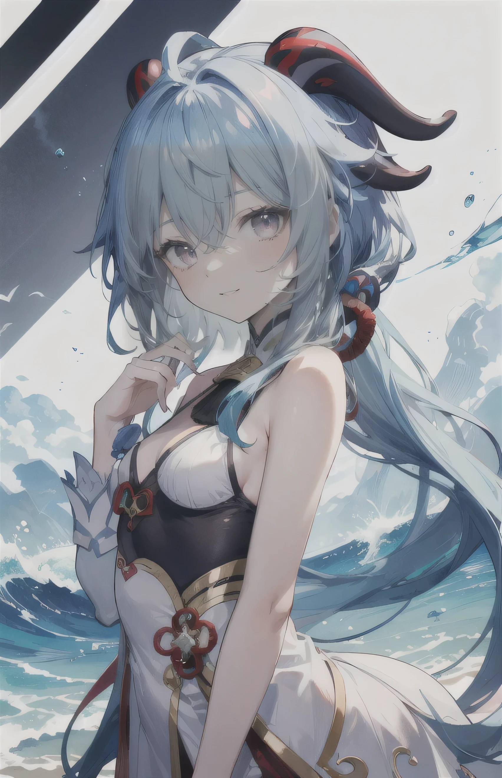 Hawaiian Wakiki Beach, sleeveless dress, ((best quality, 8k, masterpiece: 1.3))), clear focus: 1.2, (layer cut, large: 1.2), beauty in perfect figure: 1.4, slender abs: 1.2, wet body: 1.5, highly detailed face and skin texture, eyes closed, double eyelids, (hair over one eye), (heterochromia), messy hairstyle, plain makeup,