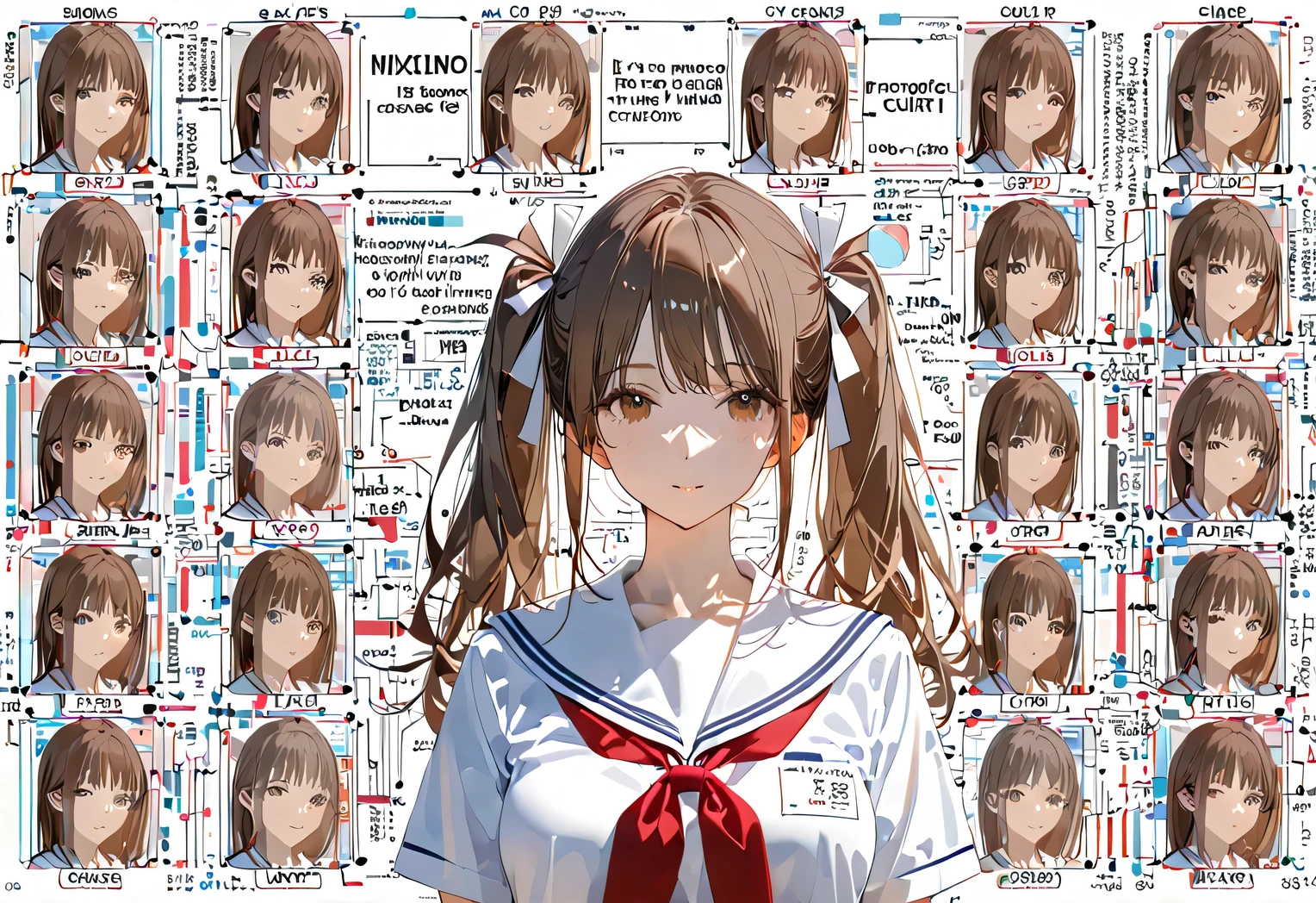Breathtaking Beauty, High Quality, 8k, animations, Upper body portrait, Complex semiconductor circuit diagrams and electronic circuits in the background, mature adult Japanese woman, Beautiful portraits of modern Japanese women , collage of characters and English text, multiple exposures of characters and computer circuits, Japanese High School Uniforms:1.331, white sailor suit:1.331, summer sailor suit:1.331, typography with mathematical and English digital codes , twin tail hair, brown hair, It's a mixed media work, expressed using English text and diagrams ,perfect configuration , proper placement in office clothes, golden ratio, expressed by mixing elements of silence and chaos ,