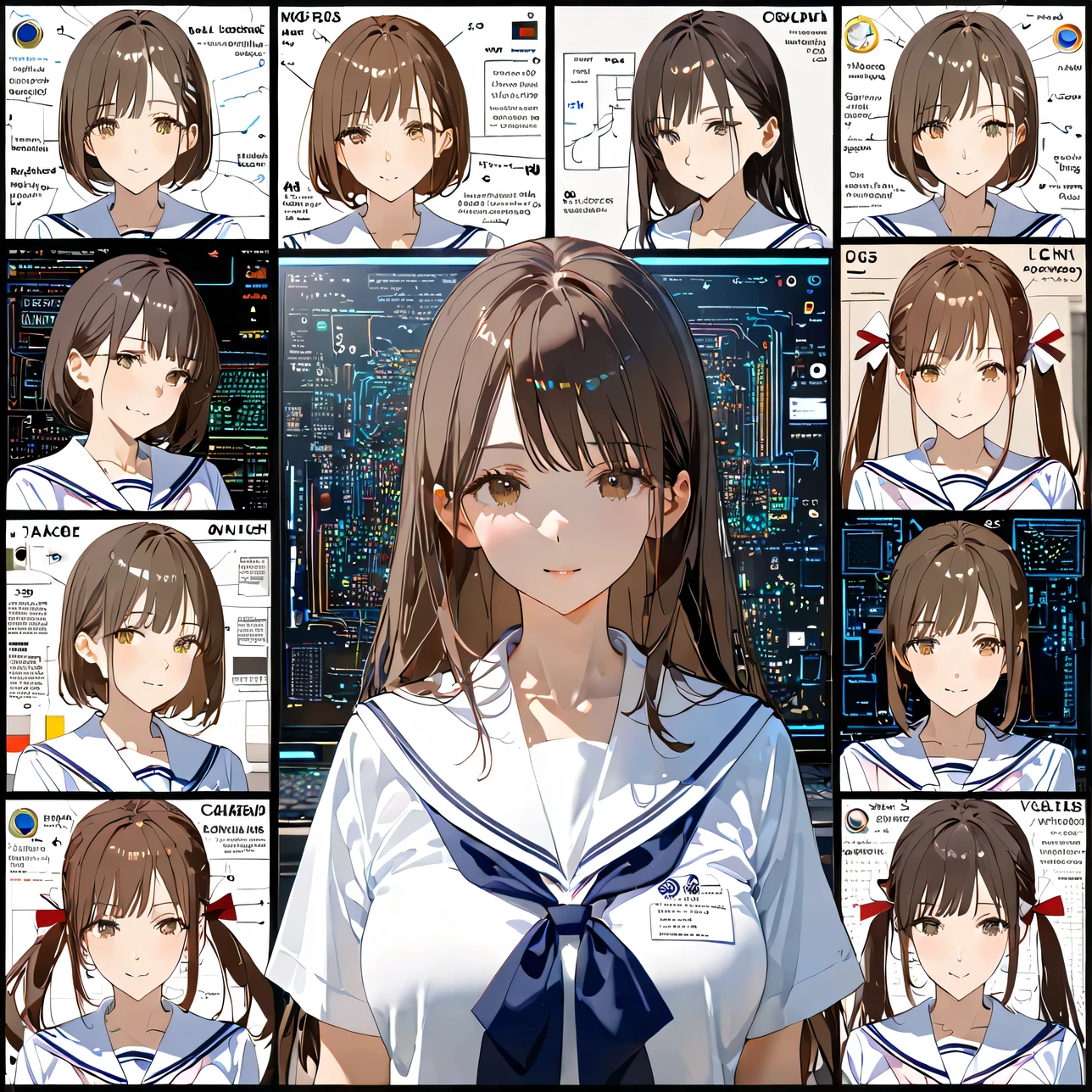 Breathtaking Beauty, High Quality, 8k, animations, Upper body portrait, Complex semiconductor circuit diagrams and electronic circuits in the background, mature adult Japanese woman, Beautiful portraits of modern Japanese women , collage of characters and English text, Characters and computer circuits Japanese high school uniforms:1.331, white sailor suit:1.331, summer sailor suit:1.331, typography with mathematical and English digital codes , twin tail hair, dark brown hair, It's a mixed media work, expressed using English text and diagrams ,perfect configuration , proper placement in office clothes, golden ratio, expressed by mixing elements of silence and chaos ,