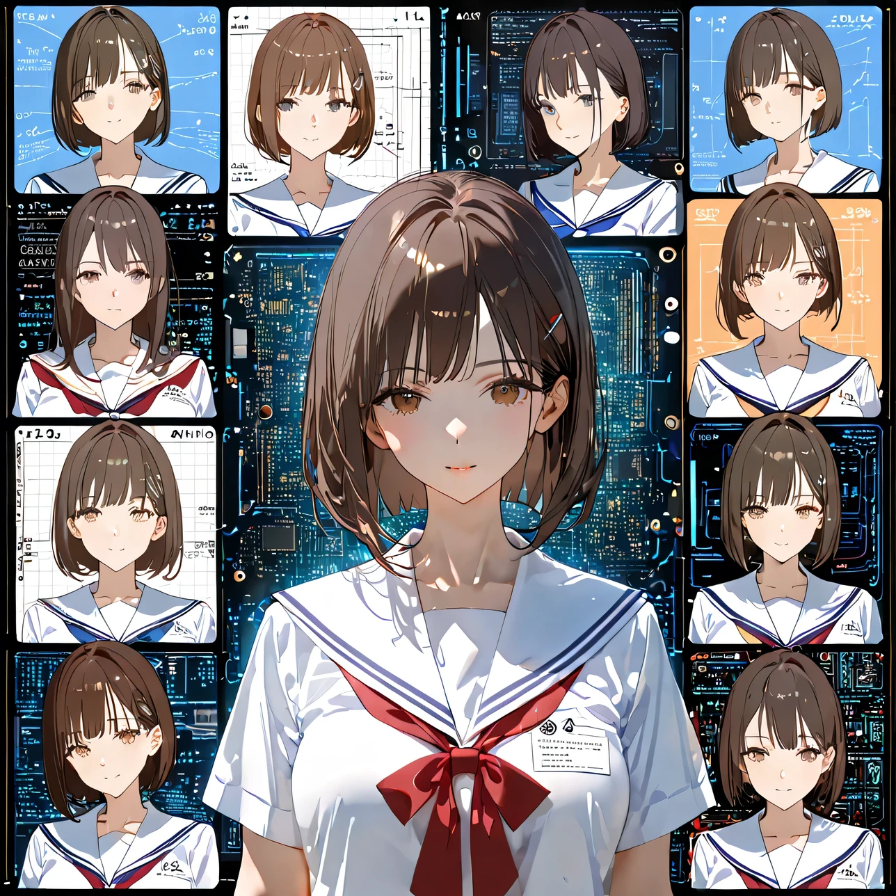 Breathtaking Beauty, High Quality, 8k, animations, Upper body portrait, Complex semiconductor circuit diagrams and electronic circuits in the background, mature adult Japanese woman, Beautiful portraits of modern Japanese women, Detailed Faces:1.1, collage of characters and English text, Characters and computer circuits Japanese high school uniforms:1.331, white sailor suit:1.331, summer sailor suit:1.331, typography with mathematical and English digital codes , bob cut hair, dark brown hair, It's a mixed media work, expressed using English text and diagrams, has sophisticated sci-fi aesthetics, perfect configuration , proper placement in office clothes, golden ratio, expressed by mixing elements of silence and chaos ,