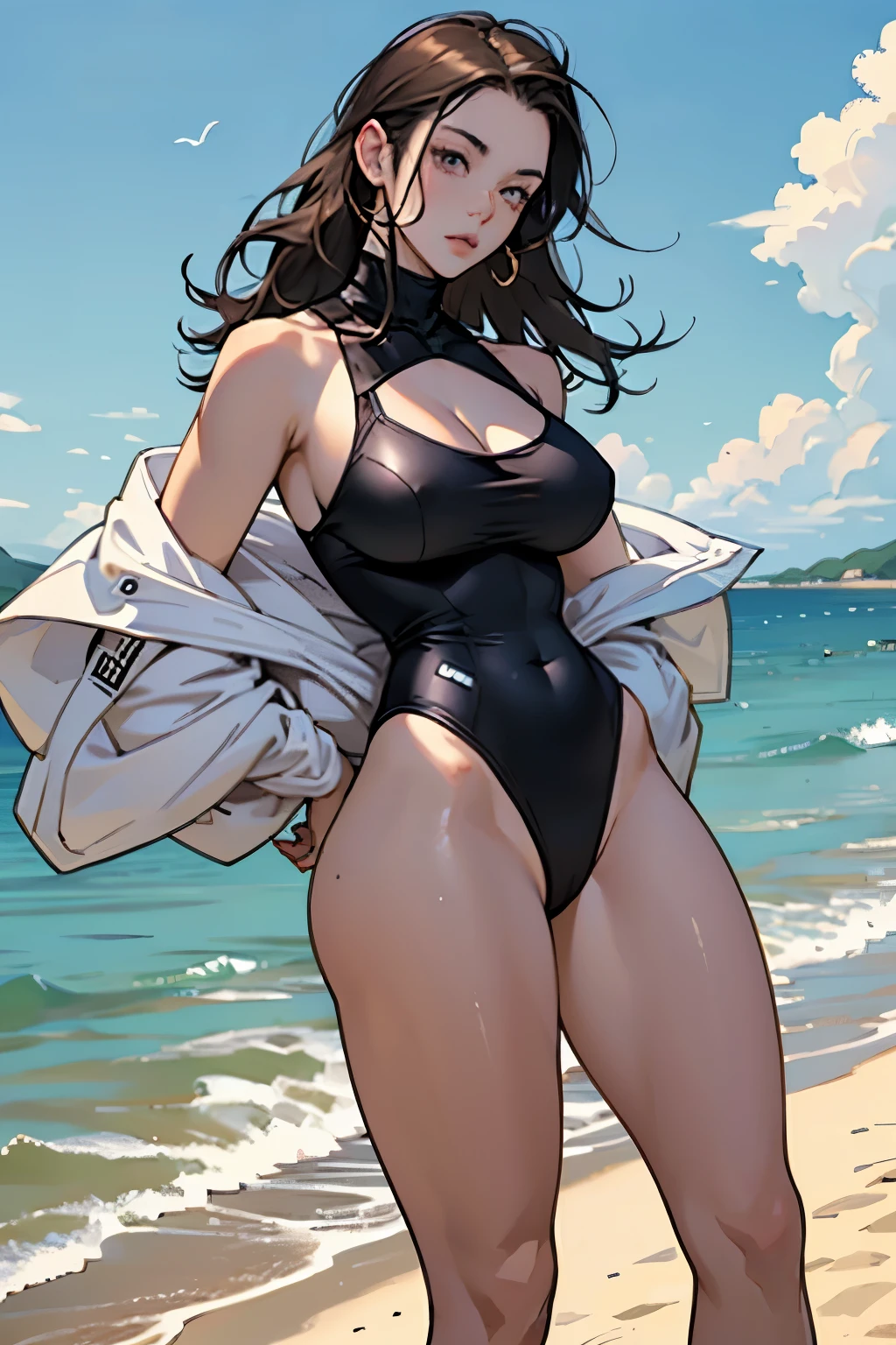 Beautiful European age Girl with Wavy Hair, get out of 18 years old and ,topless, black leagwear