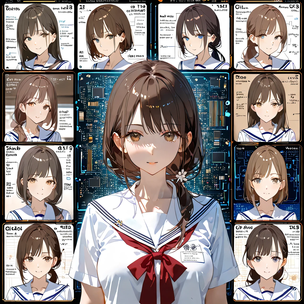 Breathtaking Beauty, High Quality, 8k, animations, Upper body portrait, Complex semiconductor circuit diagrams and electronic circuits in the background, mature adult Japanese woman, Beautiful portraits of modern Japanese women, detailed:1.331, Clear, beautiful eyes, collage of characters and English text, Characters and computer circuits Japanese high school uniforms:1.331, white sailor suit:1.331, summer sailor suit:1.331, typography with mathematical and English digital codes , low ponytail hair, Make your bangs longer, dark brown hair, It's a mixed media work, expressed using English text and diagrams, has sophisticated sci-fi aesthetics, perfect configuration , proper placement in office clothes, golden ratio, expressed by mixing elements of silence and chaos ,