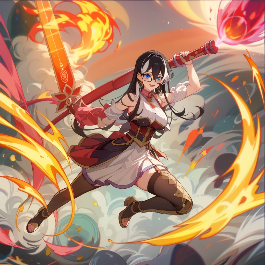 best quality, 32k, RAW photo, incredibly absurdres, extremely detailed, delicate texture, (chibi, super deformed, full body), 18 years old expressionless beauty, (wearing red, white and gold magic school uniform, brown miniskirt, brown knee-high socks:1.3), thighs, slender, (wooden sword:1.7), (glossy black medium straight hair, black-purple big eyes:1.4), a sinister aura of purple, red, and black, background church cathedral