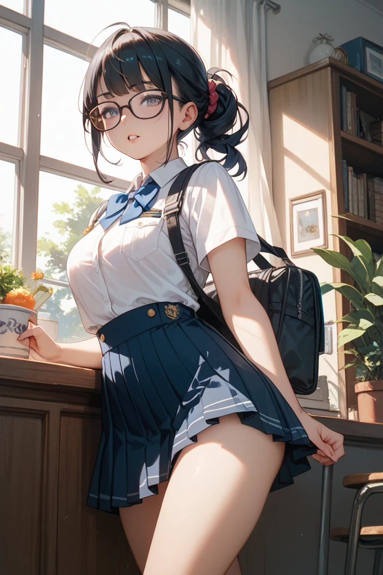独奏、Big Breasts、(Dark blue pleated skirt Dark blue、Dark blue micro mini skirt dark blue、Sailor suit summer uniform、Short sleeve white shirt、Navy Blue Ribbon)、(Big Breasts、slim、Slimming、Muscular、Beautiful Abs、Bare thighs)、(White, pale pink or pale blue panties、BREAK Panty Drop、Stand with your legs spread wide、Raising his arms、Pussy、Pussyライン、Erotic thighs)、(I opened my mouth slightly、Sexy look、Blushing)、(Kyoto Animation Style、Dark blue shorthair、(Dark blue hair:1.7)、Blunt bangs、Hair between the eyes、Clear Eyes、Dark Eyes、Black-rimmed glasses)、NSFW、high school girl、high school、classroom、