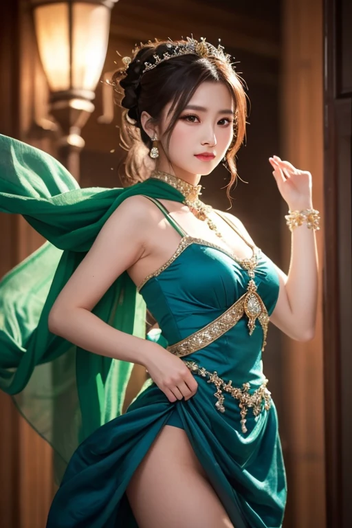 a woman is posing for a photo,(wearing indian_dance_dress:1.3), green dress, 
good hand,4k, high-res, masterpiece, best quality, head:1.3,((Hasselblad photography)), finely detailed skin, sharp focus, (cinematic lighting), collarbone, night, soft lighting, dynamic angle, [:(detailed face:1.2):0.2],(((exhibition inside theater))),