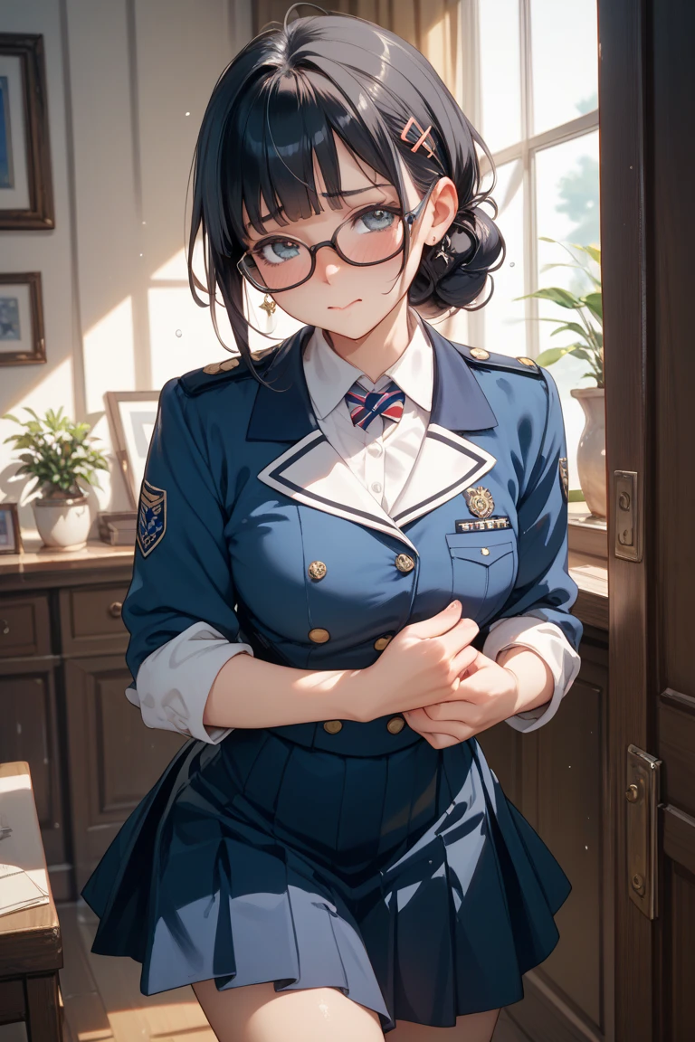 (masterpiece), (best quality), (ultra-detailed), photorealistic, (best illustration), (an extremely delicate and beautiful), 1girl, solo, ooyodo \(kancolle\), blue skirt, serafuku, blue sailor collar, red necktie, short over long sleeves, long sleeves, (red bow), red ribbon, (flower ornament:0.8), semi-rimless eyewear, long hair, black hair, white hairband, ((white ribbon)), hip vent, thigh boots, ribbon-trimmed legwear, (lace-trimmed legwear), detailed indoors military library,smile, (salute), window, (blue sky), blue eyes, thighighs, upper body,hair between the eyes,
<lora:ooyodo_nai_3:0.7> <lora:ena_girl:0.3>