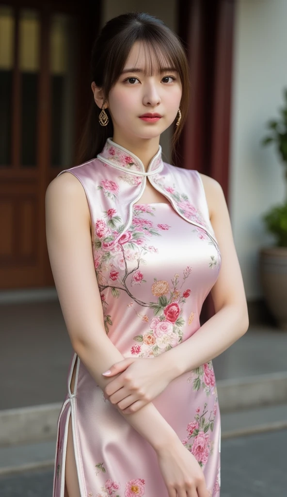 ulzzang -6500-v1.1, (Photo raw:1.2), (Photorealistic:1.4), Delicate beautiful girl, Glittering eyes have a very pleasant atmosphere................ . ......,13 years old, Attractive eyes and moist lips, cabelos preto e longos,（ssmile：1.3）,Detailed facial depiction, Formula details, Detailed facial feature depiction Star Masterpiece Fine Detail, Explain the role You in detail ,Detailed hair drawing, Carefully drawn, My body is wavy, Detailed hand drawing, Detailed drawing of clothes, Detailed drawing of face, Perfect face, Detailed hand drawing, 4 fingers and 1 thumb：1 ,3）,orthofacial,choker necklace, earrings, Expert work, Very close to reality, (Full body photo： 1.5）), Highest image quality, best quality, unlimited details, 8K分辨率,(( (Beautiful patterned embroidered cheongsam 1.5)))((Pink lavender long skirt cheongsam)))（Ancient courtyard scene：1.3）,Smile, Narrowed lower back, sexy pose,Bold pose, Beautiful legs visible through the slit of the long skirt , big full breasts, neat flowing hair,(Full Body), (cute face: 1.15), (big breasts: 1.2) high heels, big sexy hips, medium sexy thighs