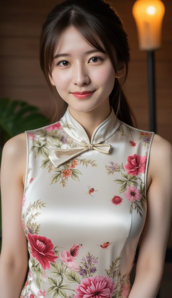 white silk floral design cheongsam, Vietnamese girl, smile , long silky hair, Realistic lighting, delicate face, Body perfect anatomy,Top Quality, 8K Resolution , full body , realistic , real human , High quality, realistic , Cinematic, Aesthetic, beautiful girl, ox horn hair