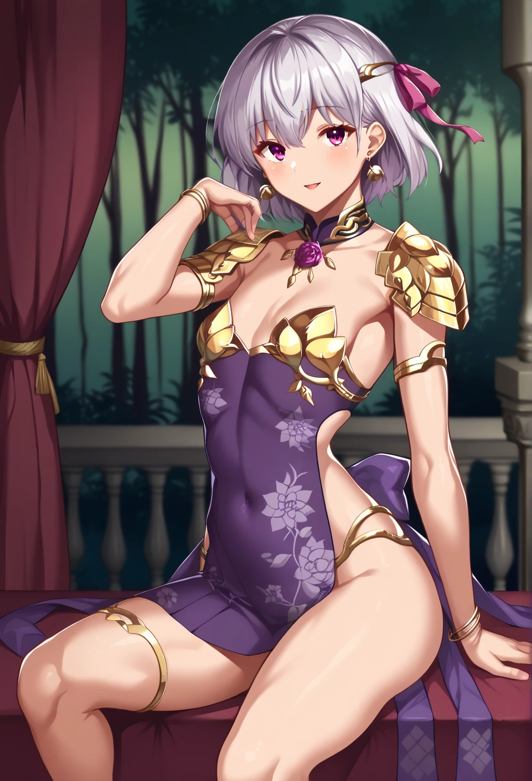 (anime, masterpiece, intricate:1.1), summer aestetic background, comics_darkstalkers_morrigan_aensland, Slender hips, slim stomach, thin waist, posing, medium teardrop-shaped breasts, slim body, skimpy violet dress, violet garter stockings, lingerie, breasts decollete, exposed neck, heart shaped earrings, girly decorations, solo, flowers, modest smile, bright red lipstick, painted nails (red)
