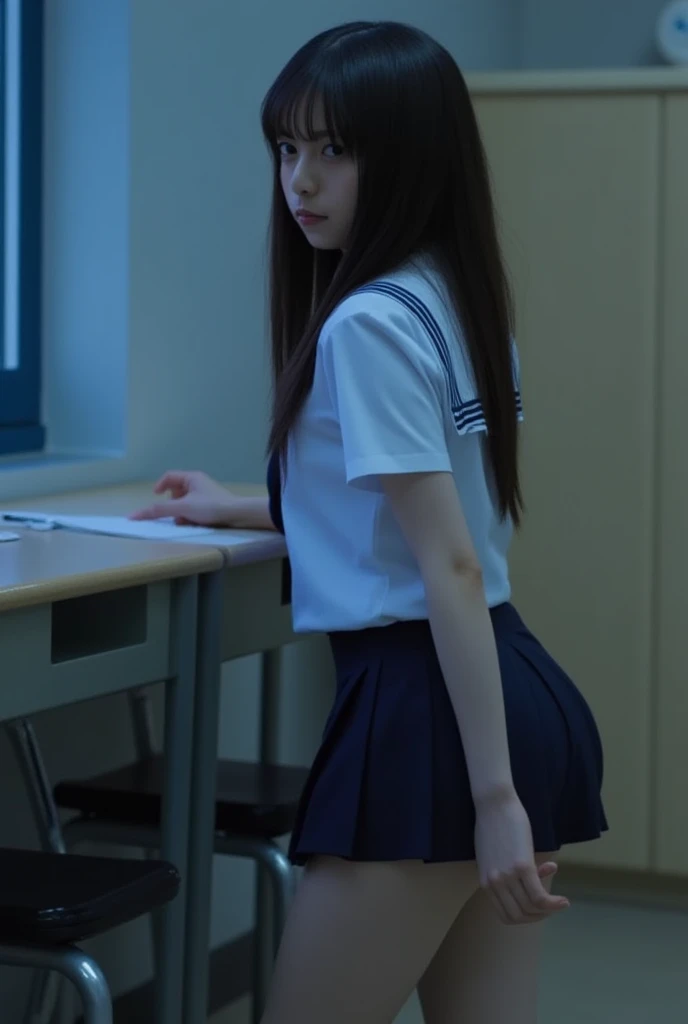 masutepiece、Best Quality、超A high resolution、8K、Professional Lighting、Photon mapping、Teleportion、analogue、handdraw、Anime Face、NSFW、1girl in、Solo、cute little:1.8、ta:1.5、(School Uniforms:1.3)、(close-up:1.6)、Standing:1.6、((school classrooms:1.5))、(Looking back:1.3)、kneeking:1.6、(anus with hole:1.5)、Best Quality、a blond:1.5