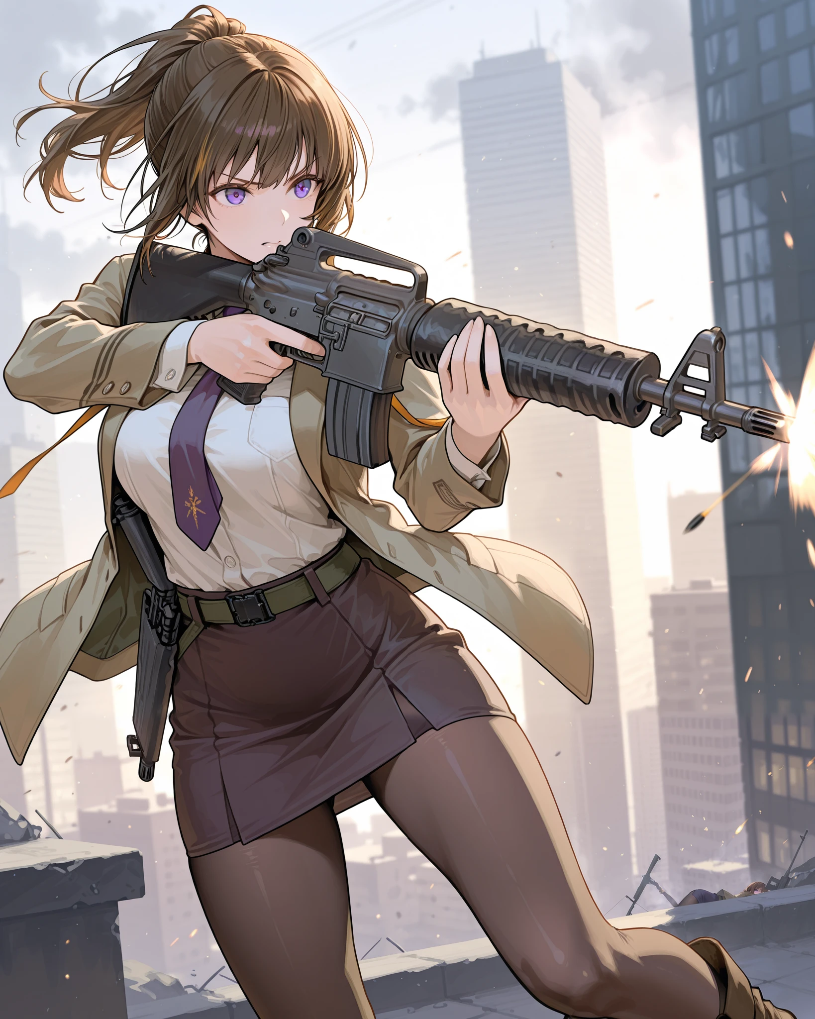 masterpiece, best quality, highres, 1girl, (aiming and firing rifle, finger on trigger, gun, c-m16, holding m16, m16a2, holding, weapon, holding gun, holding weapon), brown hair, short hair, ponytail, open suit jacket, white shirt, miniskirt, pantyhose, purple pencil skirt, solo, purple eyes, dynamic action stance, grim expression, city backdrop, brown ankle boots, brown jacket, purple necktie, belt, cowboy shot, fix hands