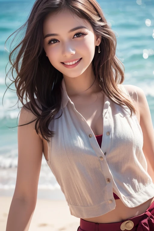 Tabletop、(Highest quality、4K、8K、High resolution、Masterpiece: 1.2)、Super detailed、(Real、Photorealistic、Photorealistic: 1.37)、Full Body Shot、Complex and beautiful eyes、woman、long hair、Natural color lip、whiteTshirt、Bold and sexy pose、smile、Ocean、20 year old girl、A cute and sexy shot looking straight at the camera。