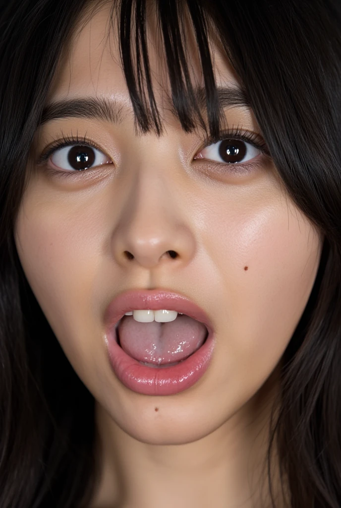 One Girl, Tabletop, - Award-winning photo, Very detailed, Focus your eyes, Nose and mouth,Face Focus, Woman with open mouth and closed eyes, Black camisole、Age 35,Black-haired、Symmetrical face,Realistic nostrils、Angle from below、elongated C-shaped nose,,,,,,,Browsing Caution,White Background、Sweaty skin、Lighting that highlights sweaty skin、(Crazy Face))Skin shiny with sweat、Shiny skin、((Glowing Skin))、Attractive body,Beautiful breasts,((Mature Woman))Beautiful breasts)Dark Gray Background,((crazy, tongue, saliva, tongue out, Drooling, Ahegao, saliva trail, long tongue, Verbal invitation))(( Are crying, tears, Are crying with eyes open, streaming tears, happy tears))(((Face close-up,front)))Please sit down(((crazy expression)))((Corridor 6))