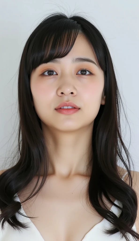 there is a woman with long black hair posing for a picture, young lady'The face of, a young asian woman, young cute wan asian face, asian face, detailed face of a asian girl, korean symmetrical face, woman's face looking off camera, asian women, young asian woman, ethnicity : jp, korean face features, chiho, soft eyes and narrow chin