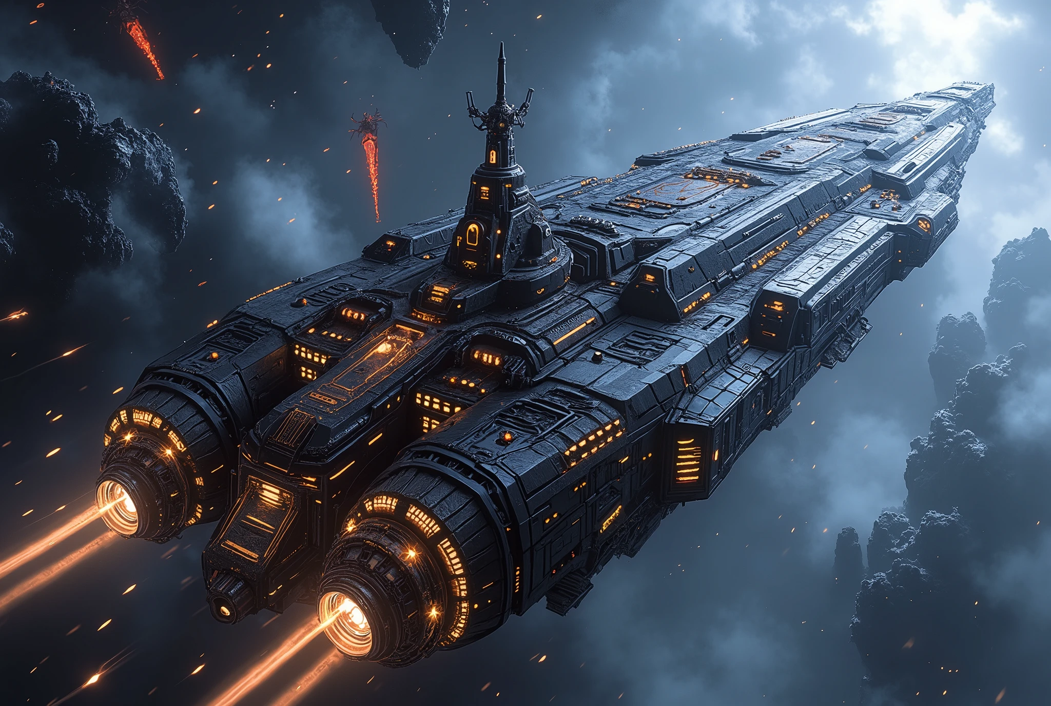 (Masterpiece, ultra-realistic, 32k, best quality, hyper-detailed, cinematic lighting, reversal film photography, film grain, intricate textures, photorealistic, dramatic composition, immersive depth, trending on ArtStation.) (Sci-fi medieval fusion, gothic-mechanical architecture, cybernetic decay, divine yet eerie atmosphere, banners fluttering, ) Empty interstellar cosmic background, The giant space Battle cruiser wandering through. (Sci-fi medieval fusion, gothic-mechanical architecture top, Byzantine styles, towering spires, )(A dynamic wide-angle shot, with volumetric lighting, deep atmospheric contrast, and high cinematic tension, evoking a sense of solemn reverence and otherworldly power.)