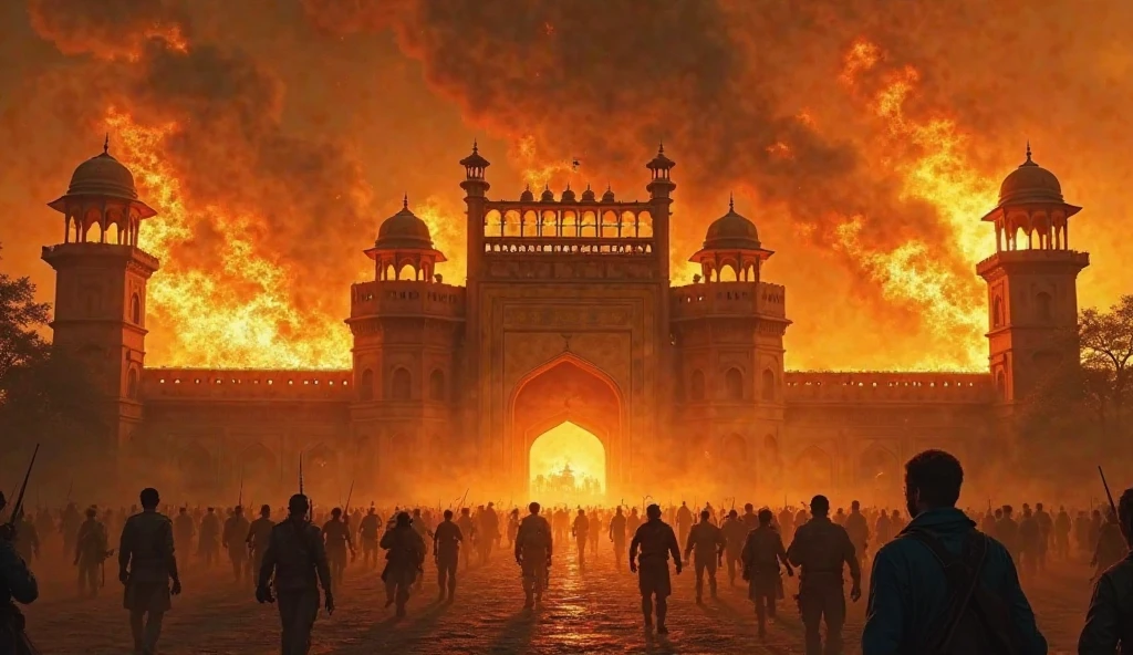 Stones as big as houses and flames and swords fall from the sky down to the Indian royal palace, men and women run in fear, in 1000s