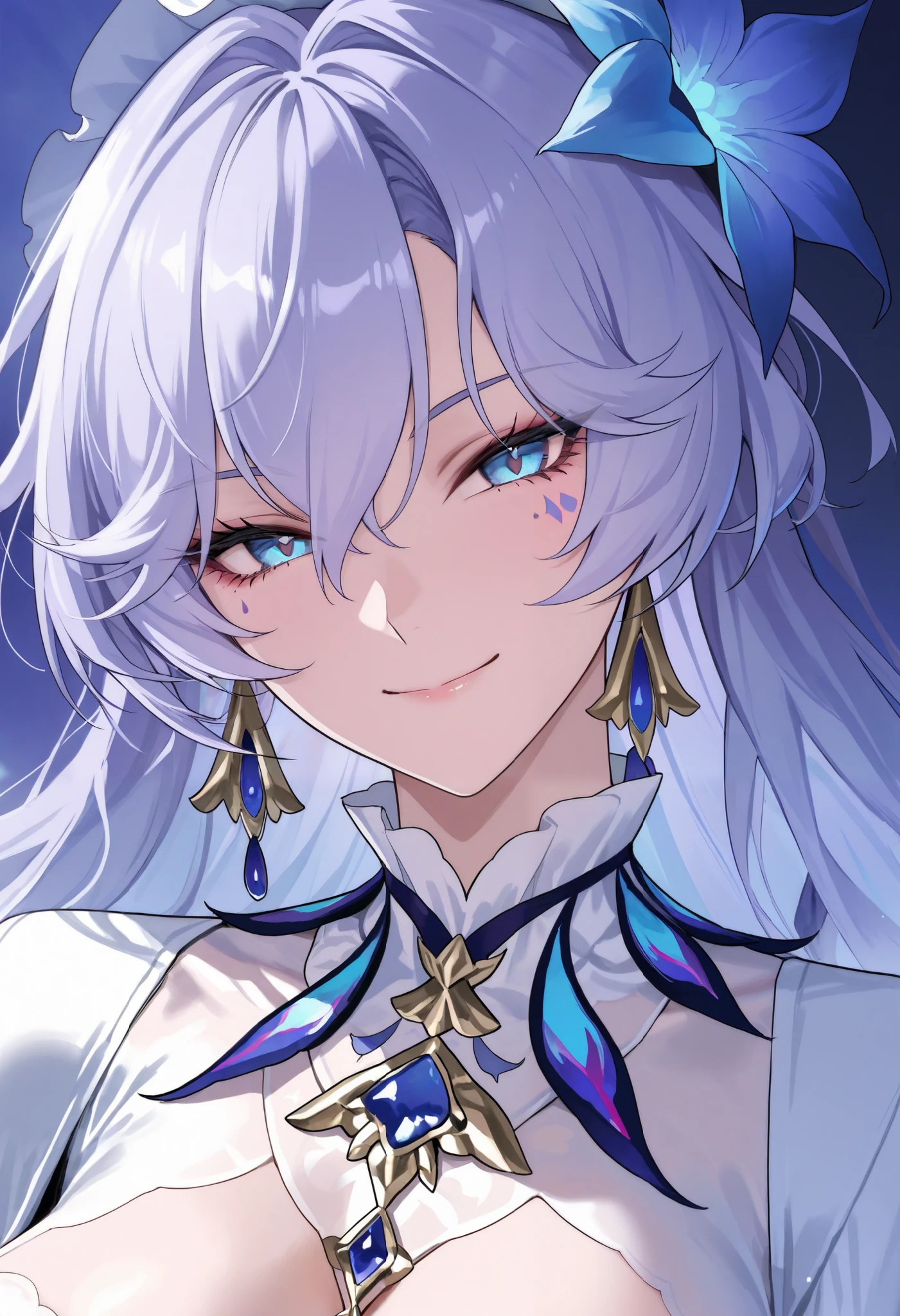 Beautiful, solo, long hair, light purple hair, blue eyes, white shirt, white dress, flower, smile facial, Cantarella, wuthering waves